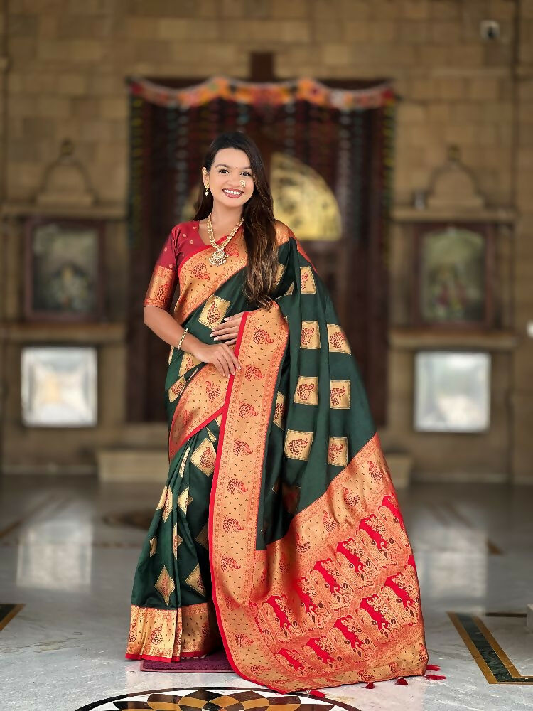 PR Fashion Freen Soft Banarasi Silk With Zari Weaving Meenakari Design Saree | Swadesiicart