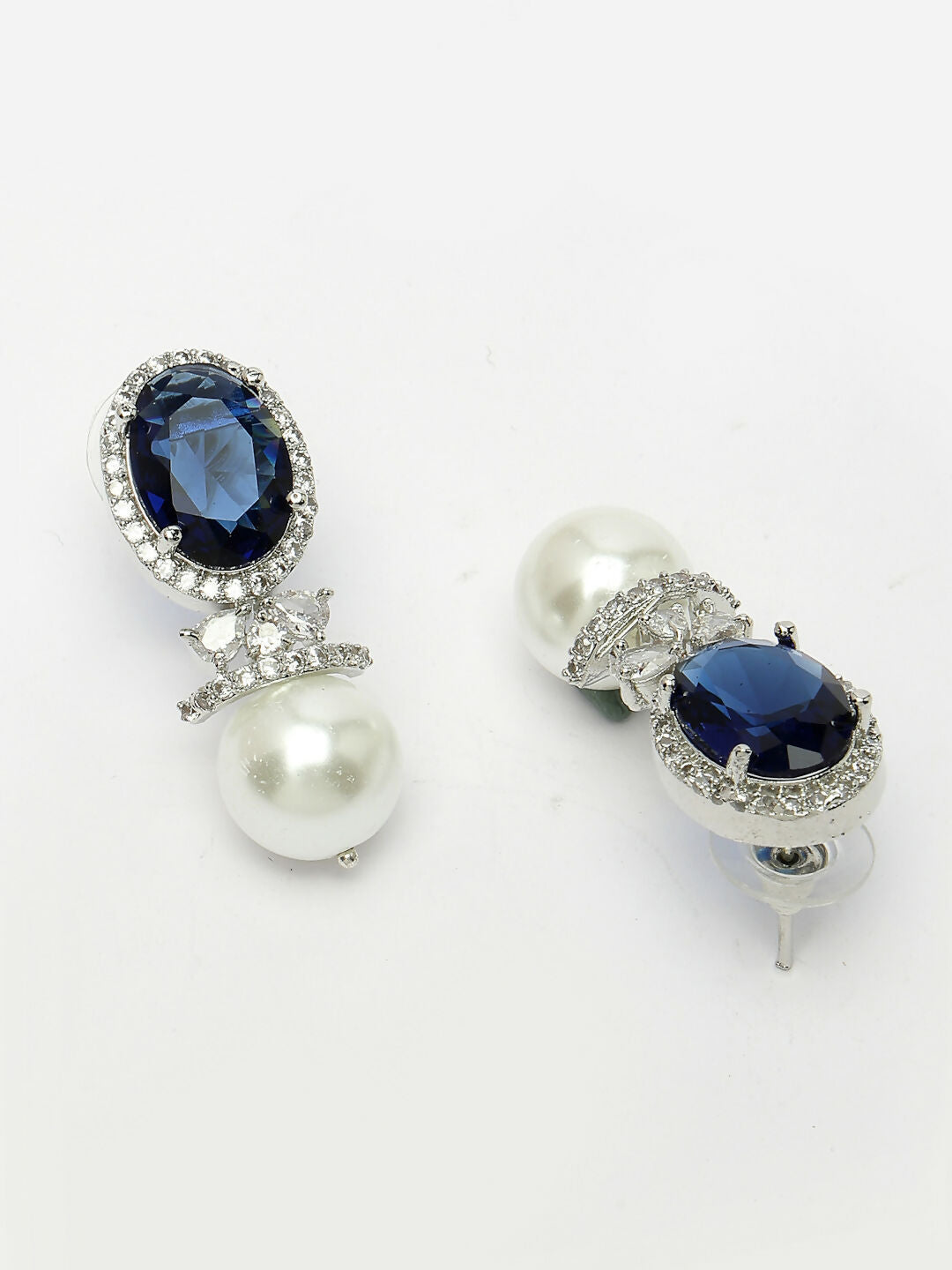 NVR Women's Silver-Plated Blue American Diamond Studded Handcrafted Jewellery Set - Swadesiicart