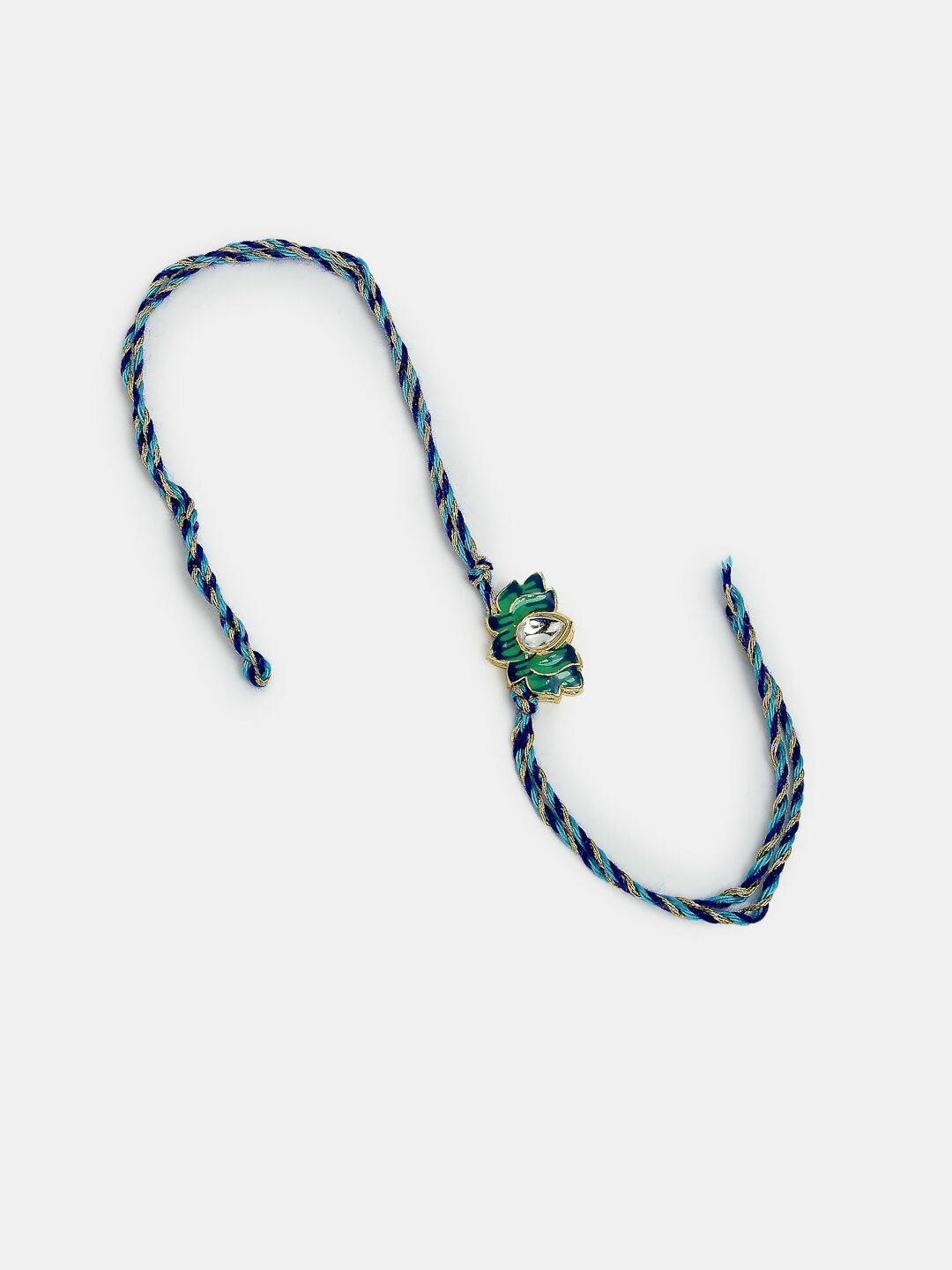NVR Women & Men Set of 2 Turquoise Blue Lotus Shape Kundan-Studded & Beaded Handcrafted Wraparound Rakhi Set With Roli Chawal | Swadesiicart