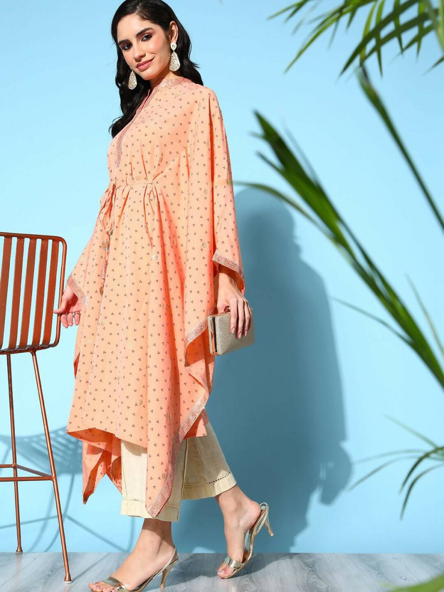 Ahalyaa Women's Peach Crepe Printed Kaftan Kurta | Swadesiicart