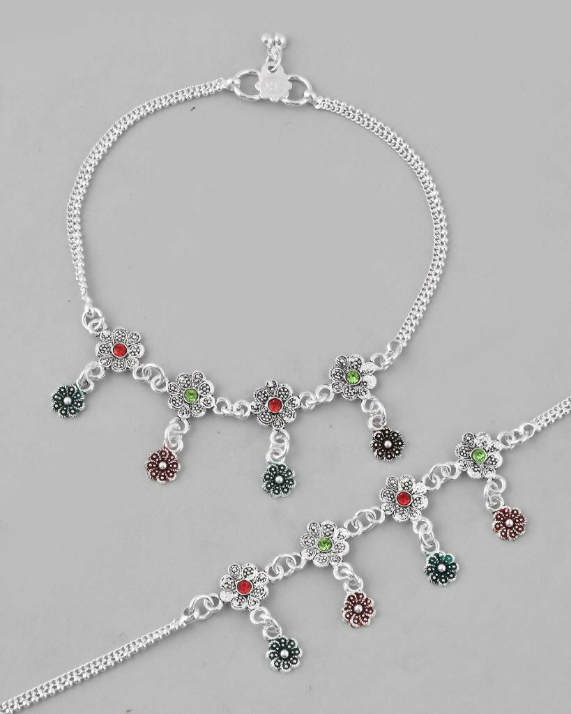 VOJ Set of 2 Silver Plated Meenakari Multi Color Anklet - Swadesiicart