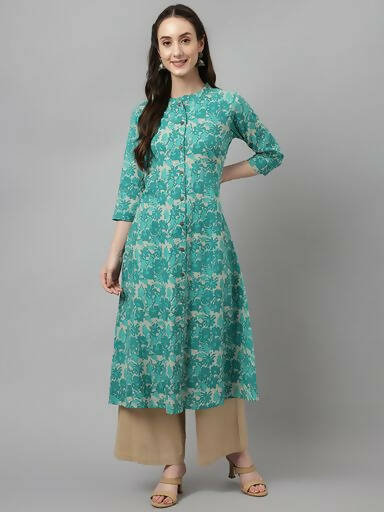 FIORRA Women's Floral Printed Teal Green Pure Cotton Straight Kurta - Swadesiicart