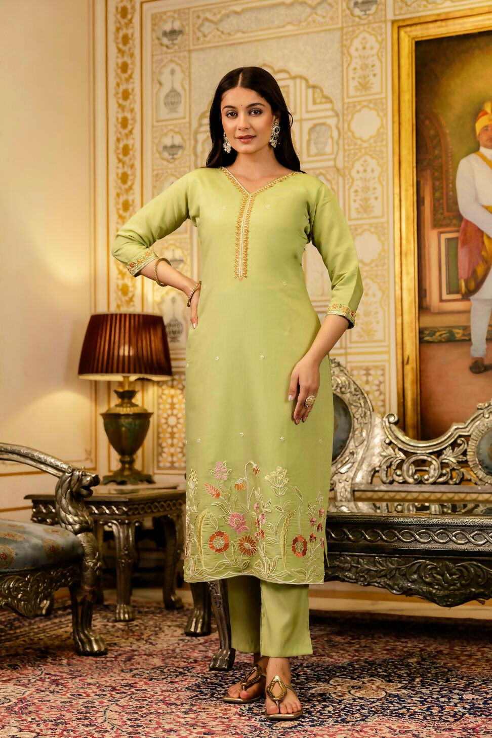The52 Lemons Women's Beautiful Viscose Shimmer Fabric Embroidered Work Straight Kurta Pant and Dupatta Set - Swadesiicart