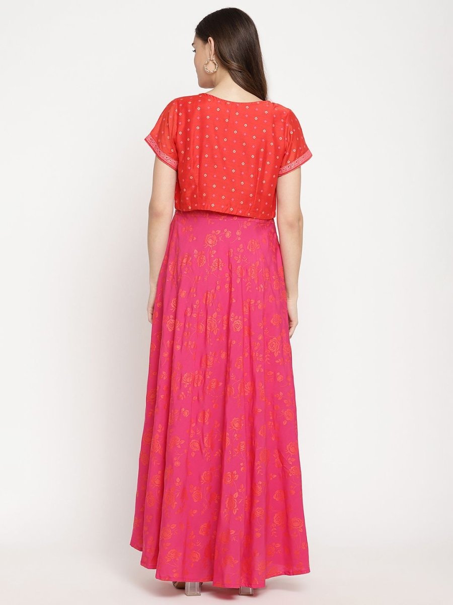Ahalyaa Pink Crepe Orange khari Print Kurta with Jacket | Swadesiicart