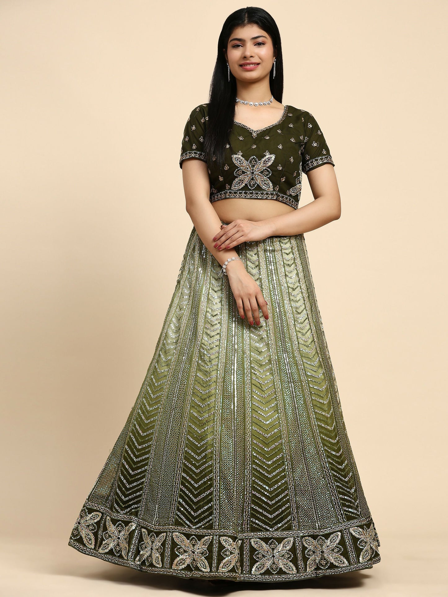 Green Fancy Net Sequence Embroidered Lehenga Choli with Dupatta - Dhara | Swadesiicart