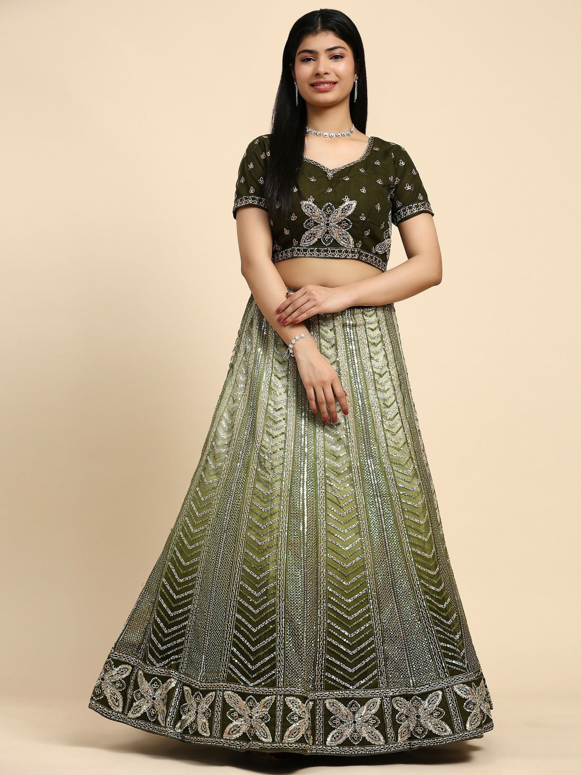 Green Fancy Net Sequence Embroidered Lehenga Choli with Dupatta - Dhara | Swadesiicart