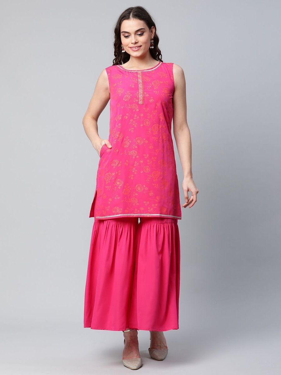 Ahalyaa Pink Crepe Orange khari Print Kurta Sharara Set With Dupatta | Swadesiicart