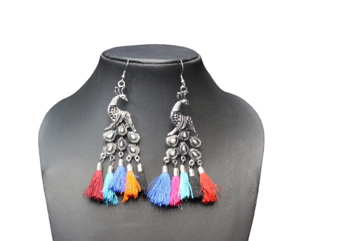 MS Fashion India Designer Peacock Oxidized Silver Multi Color Thread Dangle Earrings | Swadesiicart