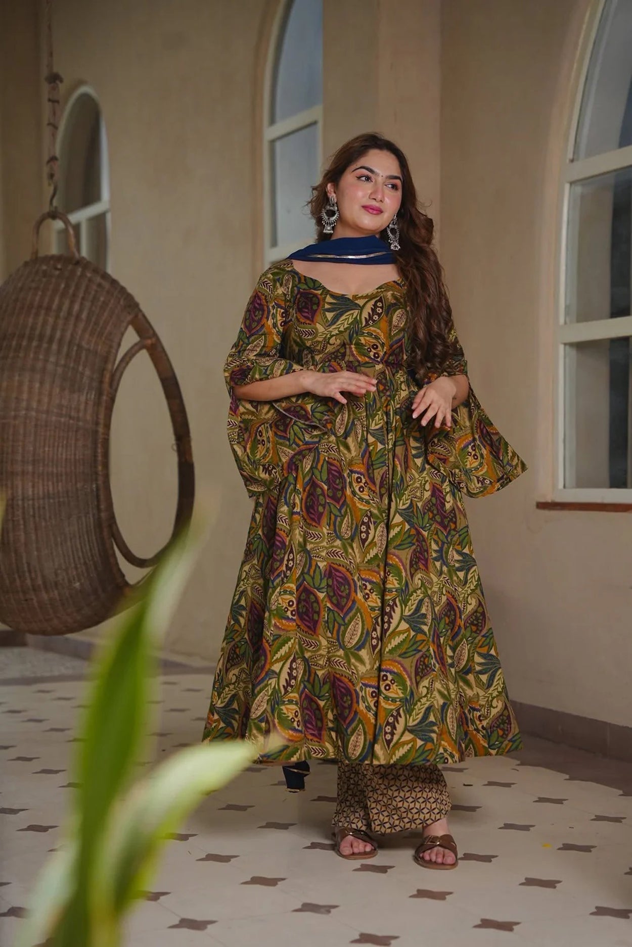 Aayaa Multi Cotton Silk Designer Full Flaired Printed Kurta Set with Dupatta