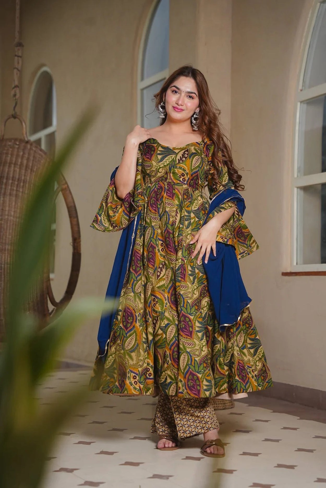 Aayaa Multi Cotton Silk Designer Full Flaired Printed Kurta Set with Dupatta