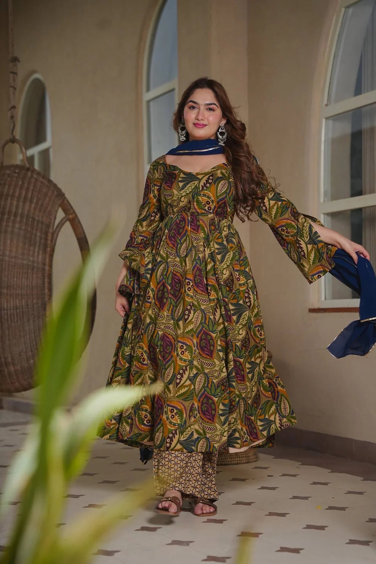 Aayaa Multi Cotton Silk Designer Full Flaired Printed Kurta Set with Dupatta