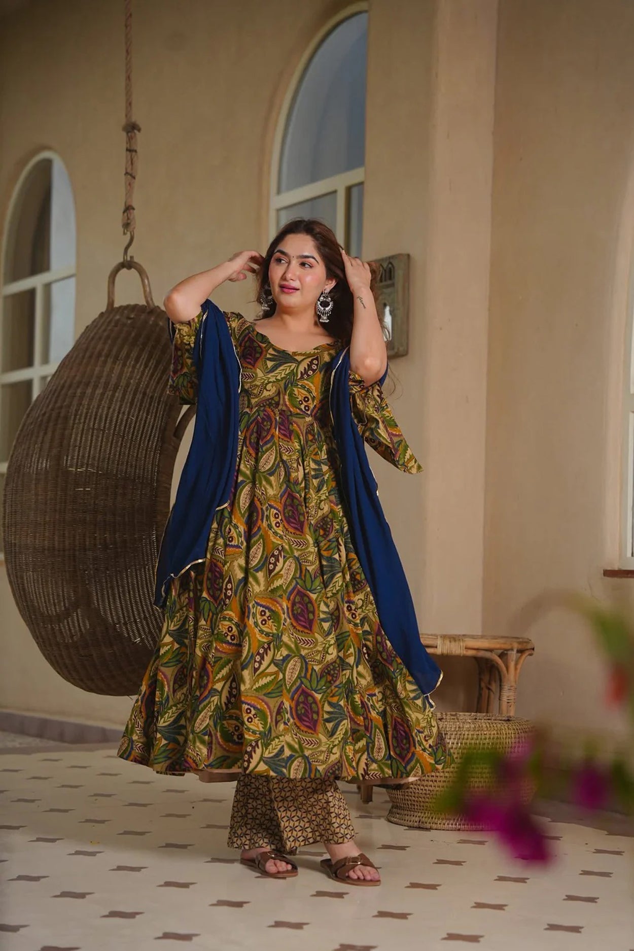 Aayaa Multi Cotton Silk Designer Full Flaired Printed Kurta Set with Dupatta