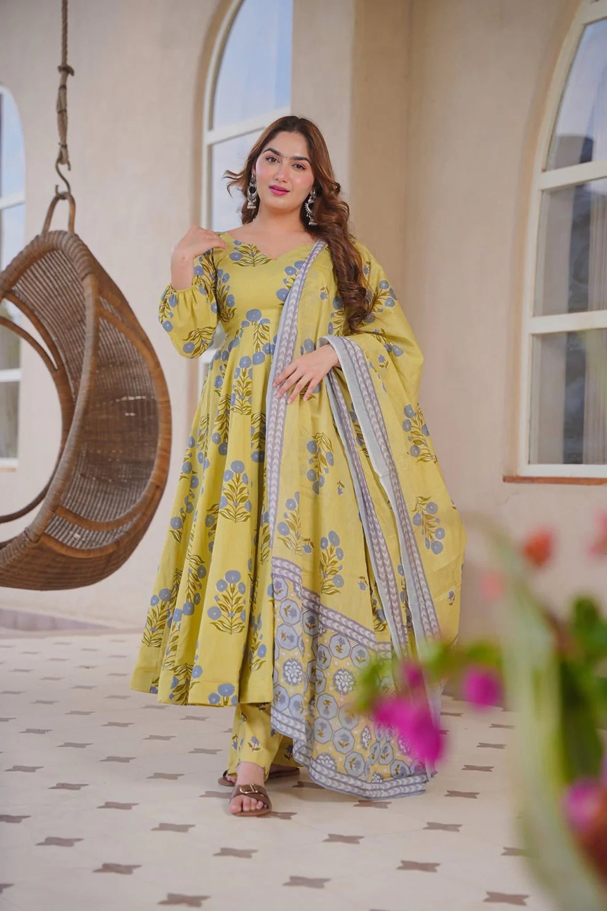 Aayaa Multi Cotton Silk Designer Full Flaired Printed Kurta Set with Dupatta