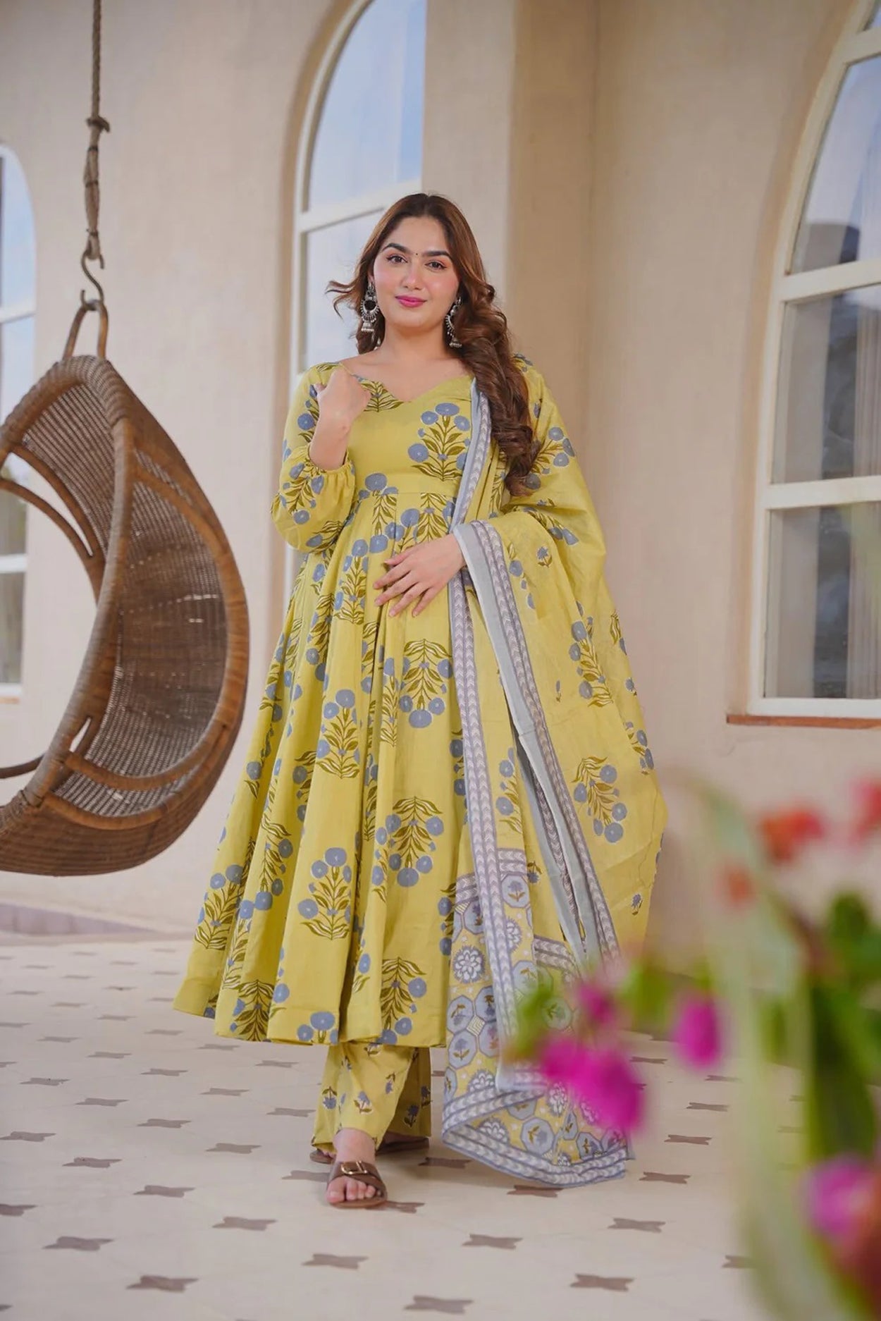 Aayaa Multi Cotton Silk Designer Full Flaired Printed Kurta Set with Dupatta