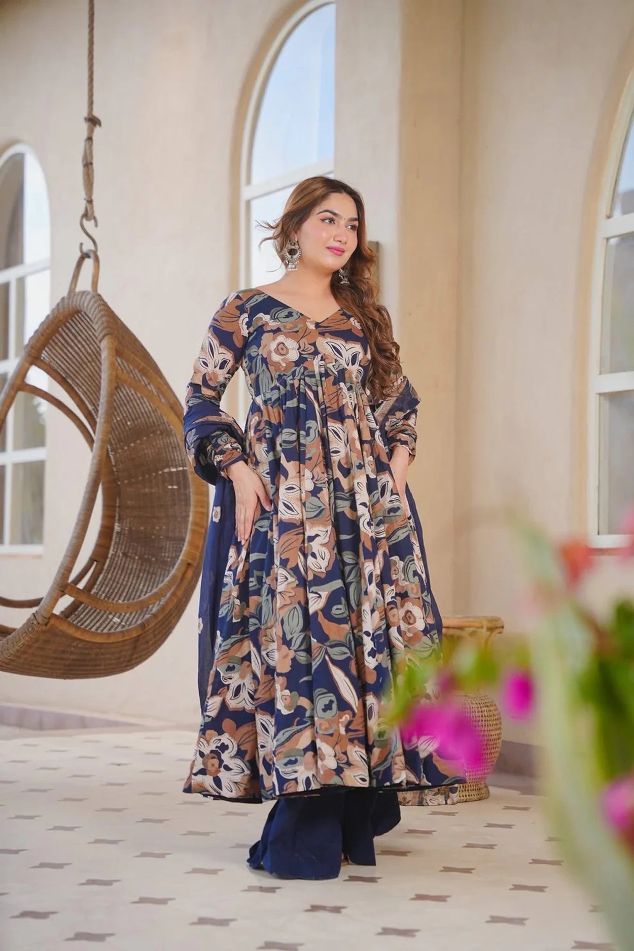Aayaa Multi Cotton Silk Designer Full Flaired Printed Kurta Set with Dupatta