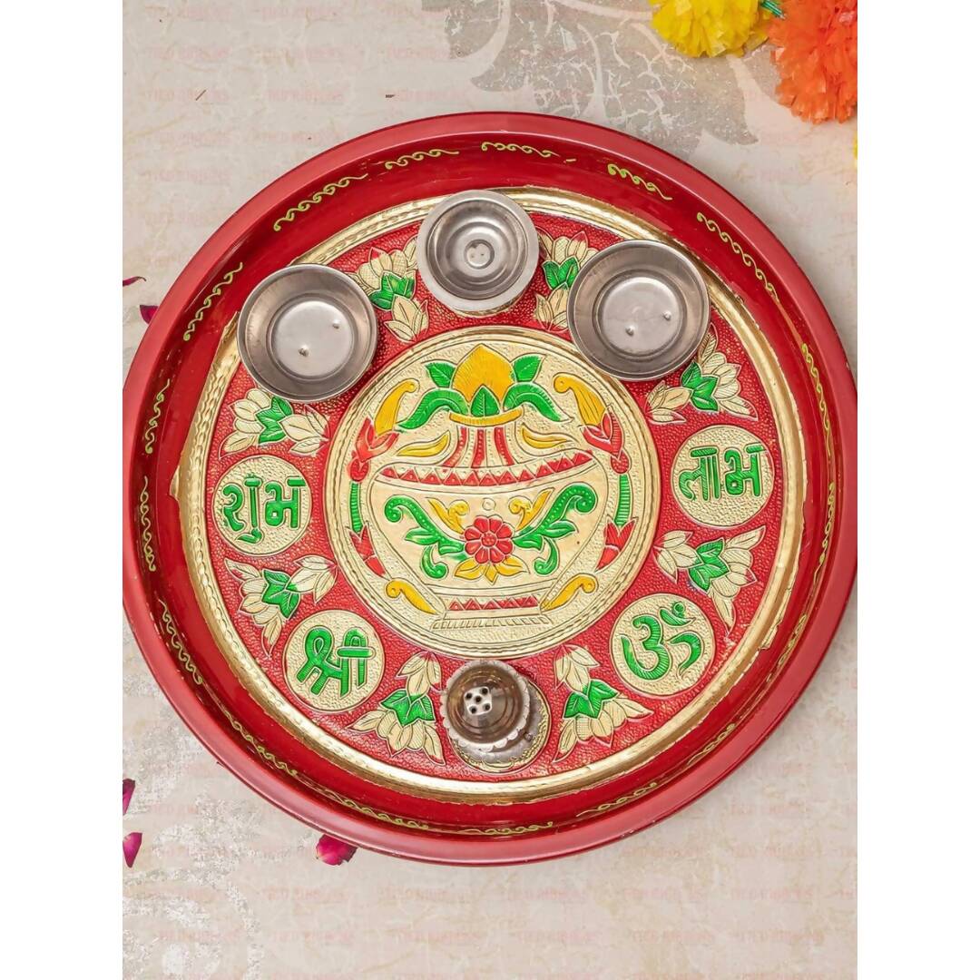 Tied Ribbons Red Printed Pooja Thali With Attached Incense Diya Tilak Holder | Swadesiicart