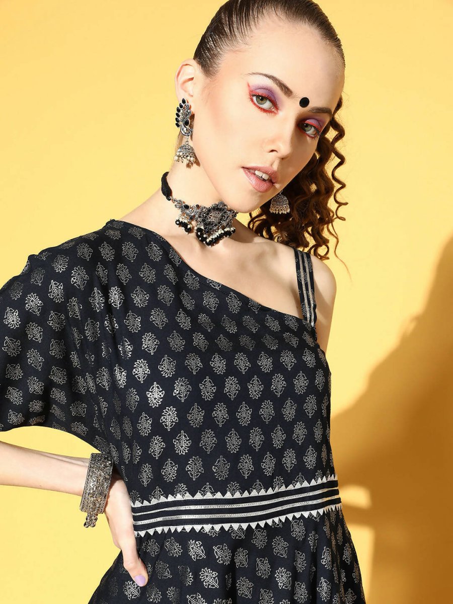 Ahalyaa Women Navy Blue Colour Rayon Silver Foil Printed Top Palazzo Set | Swadesiicart