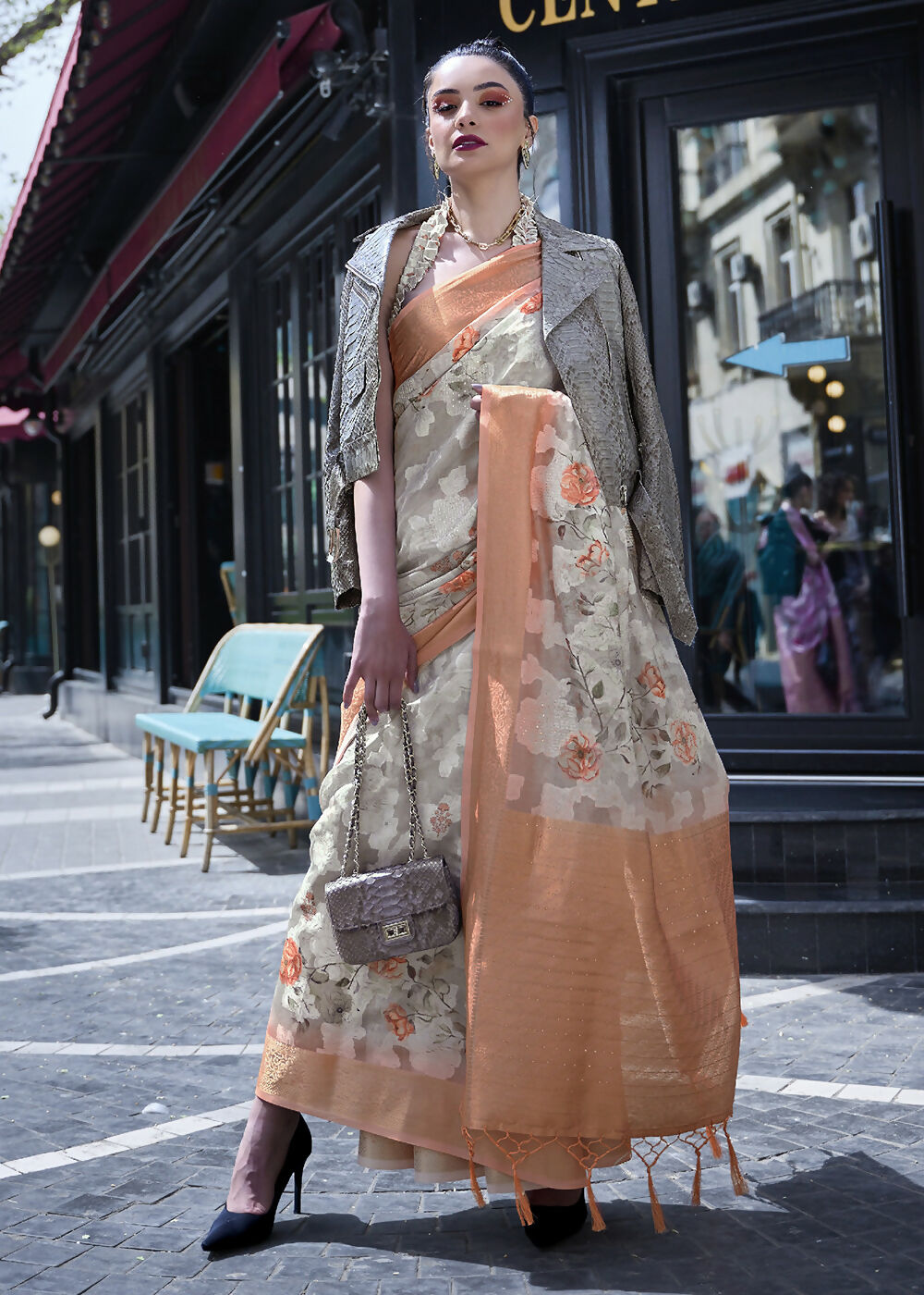Lovely Orange & Cream Polly Brasso Designer Saree - Emponline | Swadesiicart