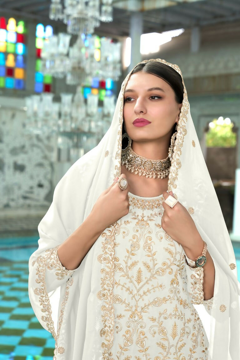 Jyoti Fashion Women's White Faux Georgette Heavy Embroidery and Moti Work Kurta Set | Swadesiicart