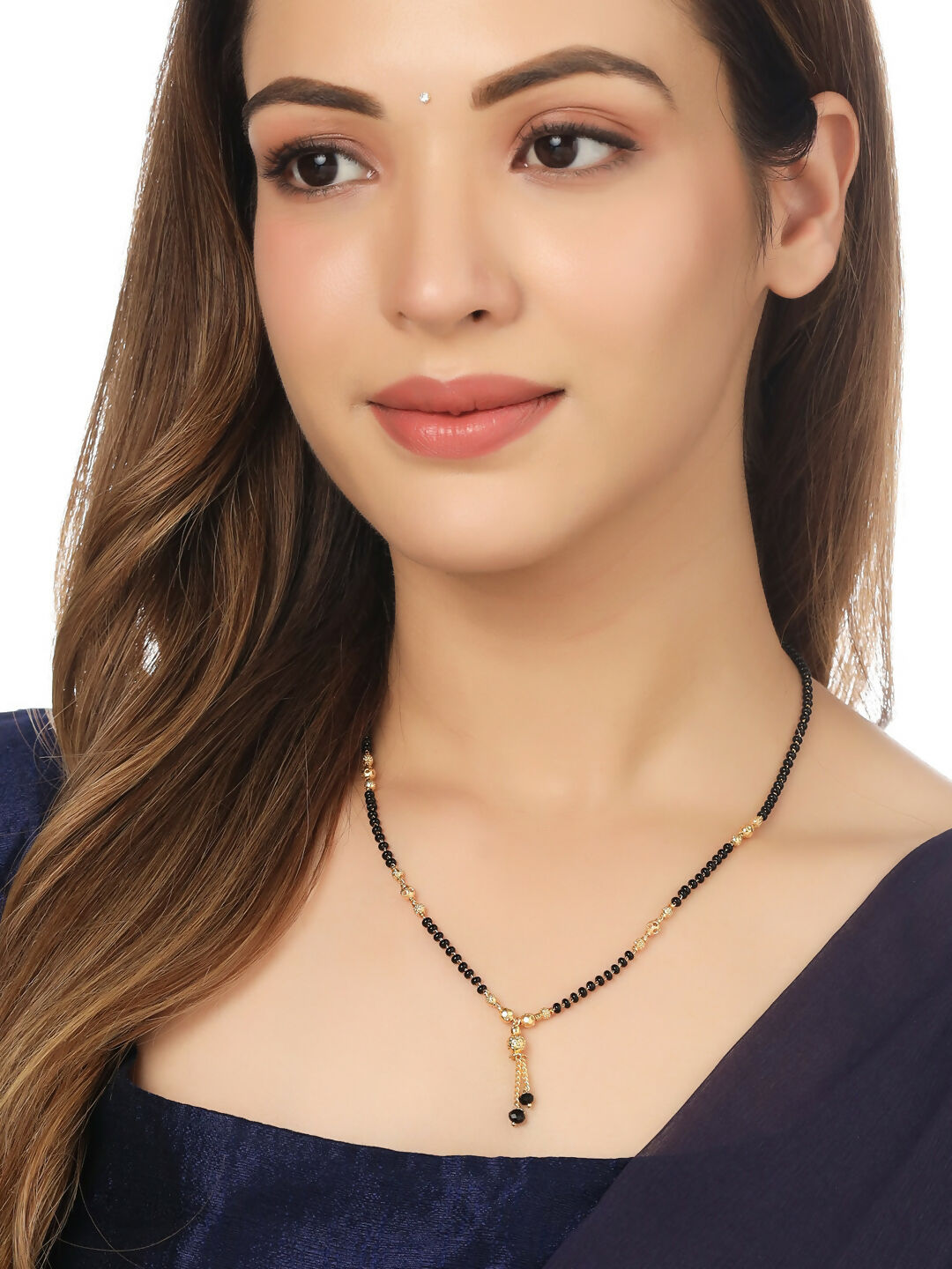NVR Women's's Set of 2 Black Gold-Polished Beaded Mangalsutra With Ad Stone | Swadesiicart