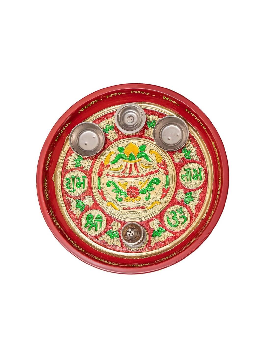 Tied Ribbons Red Printed Pooja Thali With Attached Incense Diya Tilak Holder | Swadesiicart