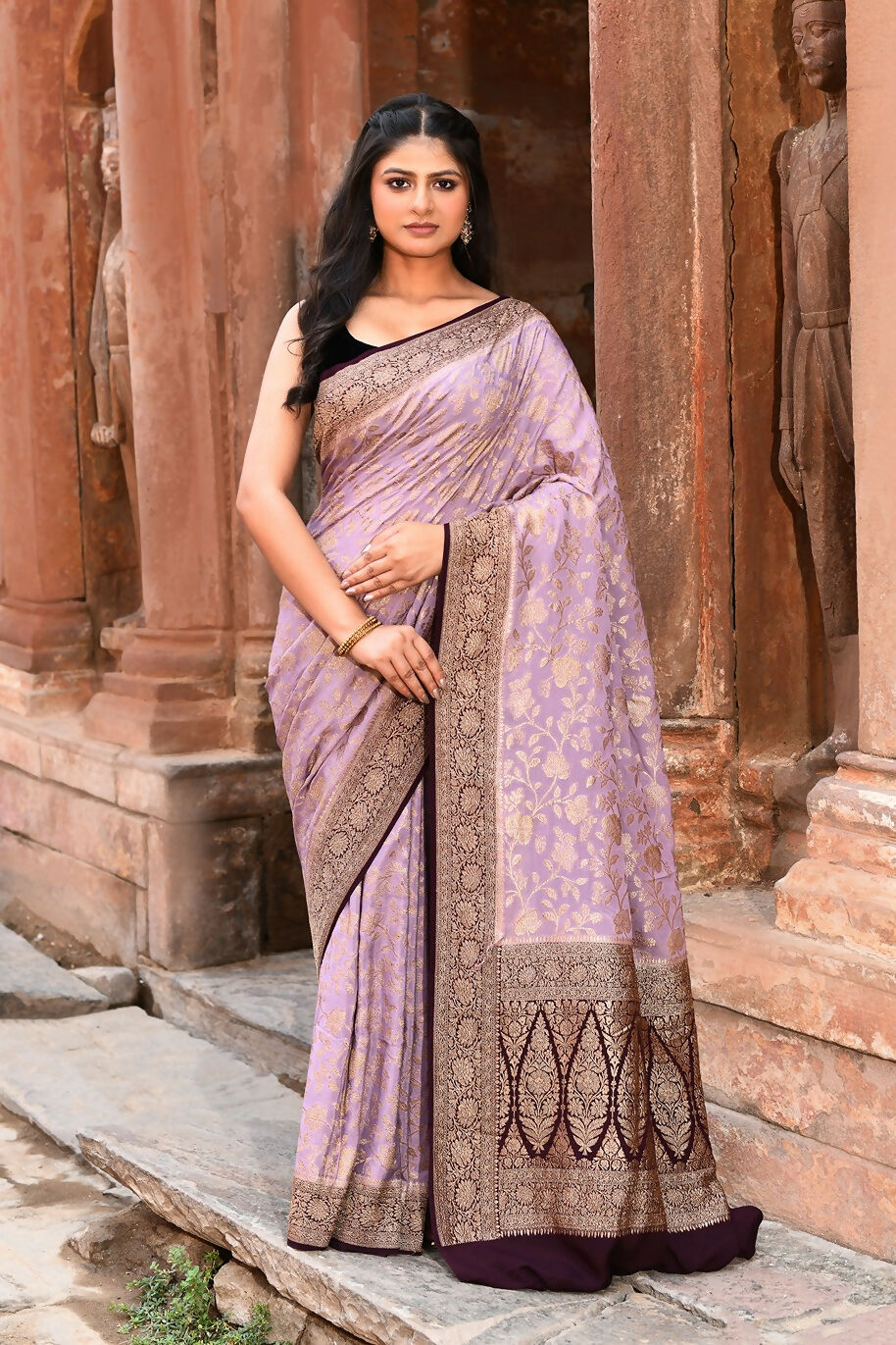 Joban Fashion Nude Pink Crepe Chiffon Pure Handloom Banarasi Silk Saree | Swadesiicart