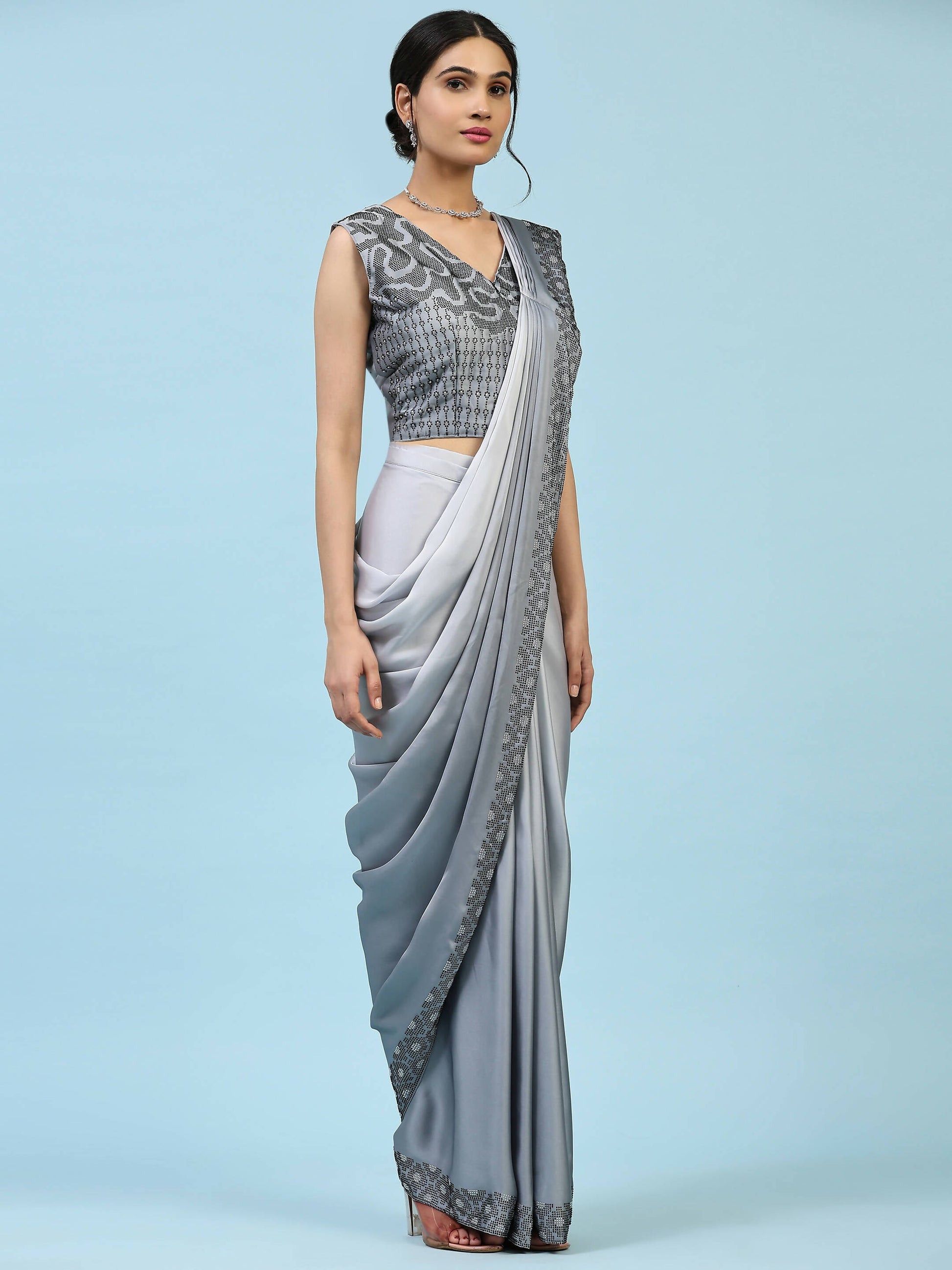 Grey Ombre Satin Georgette Plain Ready to wear Saree with stitched Blouse - Vrinda | Swadesiicart