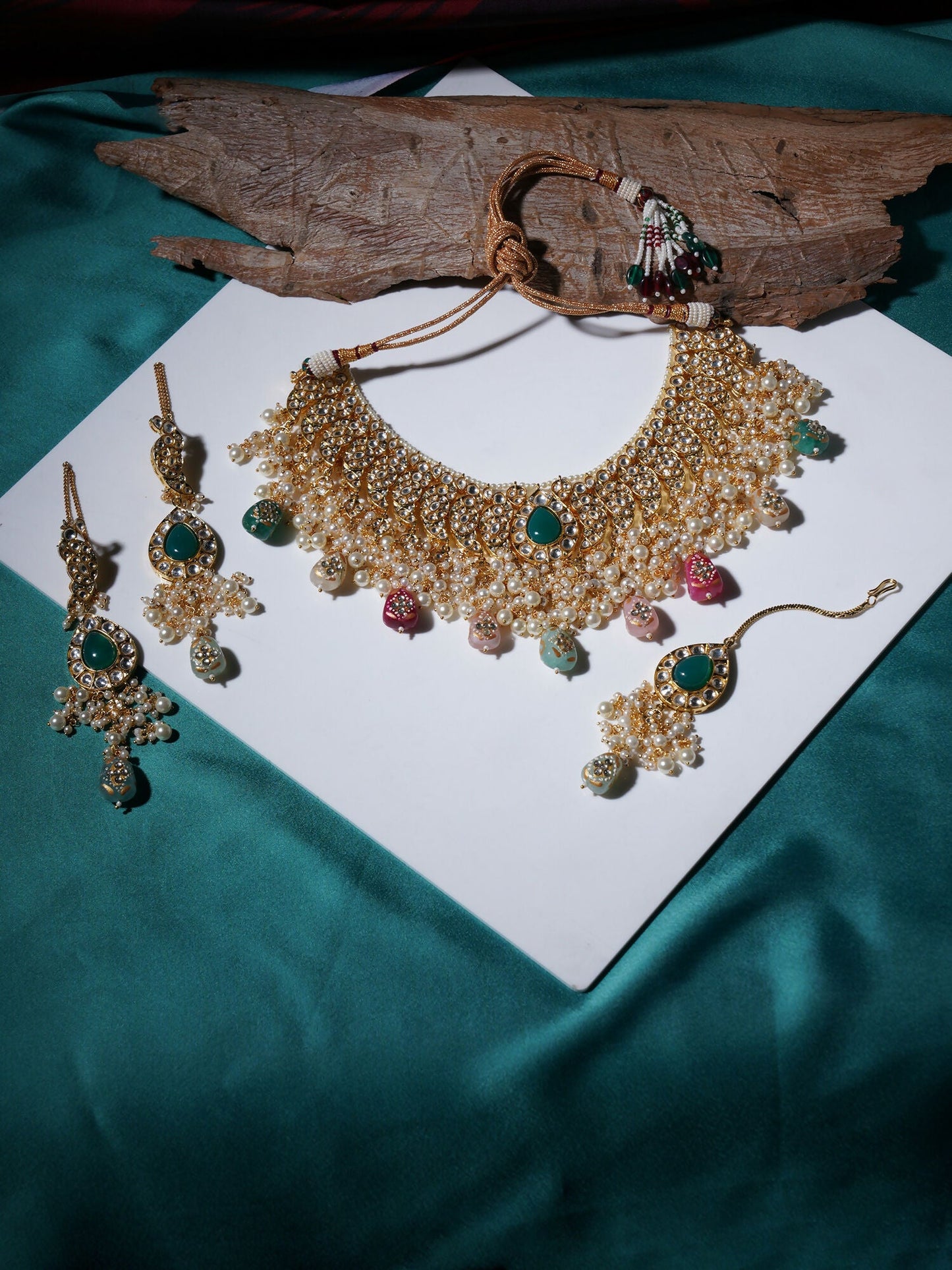 Kundan Choker with Matching Earrings & Maang Tikka Jewellery Set (Gold) - Ruby Raang - Swadesiicart