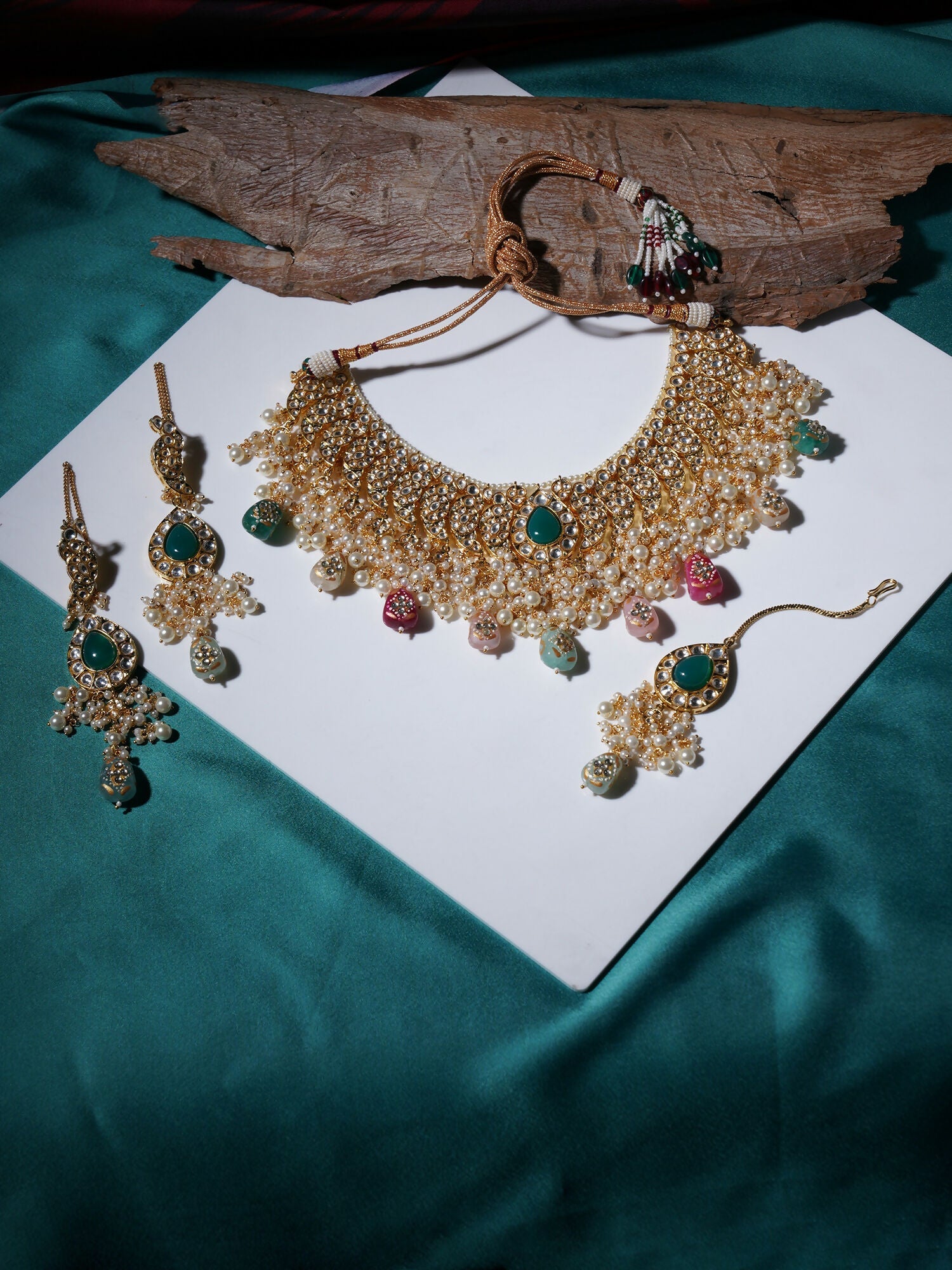 Kundan Choker with Matching Earrings & Maang Tikka Jewellery Set (Gold) - Ruby Raang - Swadesiicart