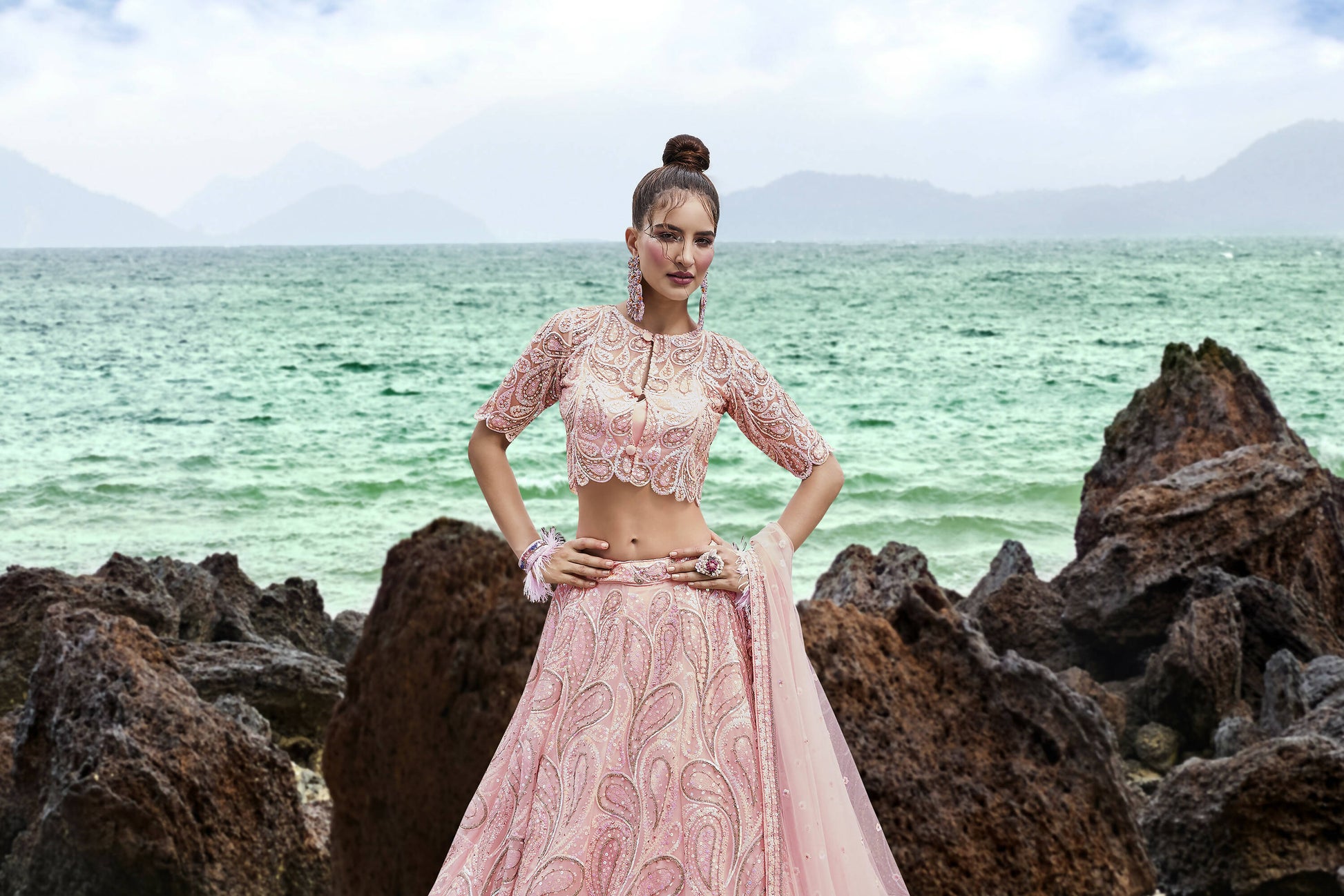 House of Panchhi Coral Net Multi Sequins with heavy Zarkan embroidery Lehenga choli & Dupatta | Swadesiicart