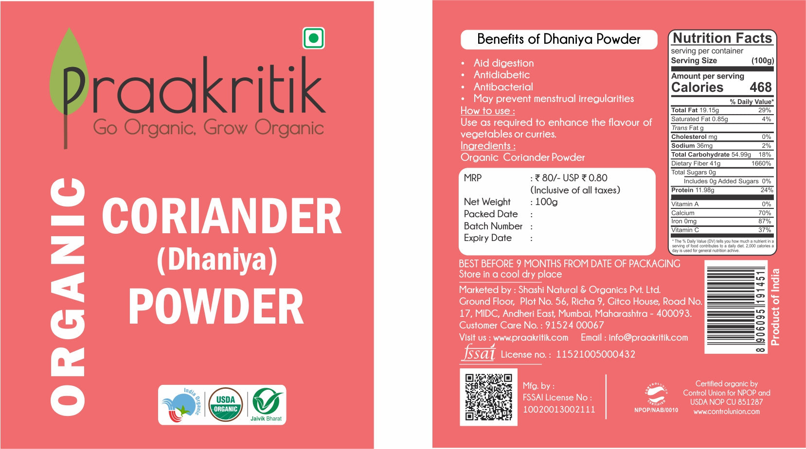 Praakritik Organic Dhaniya Powder - Swadesiicart