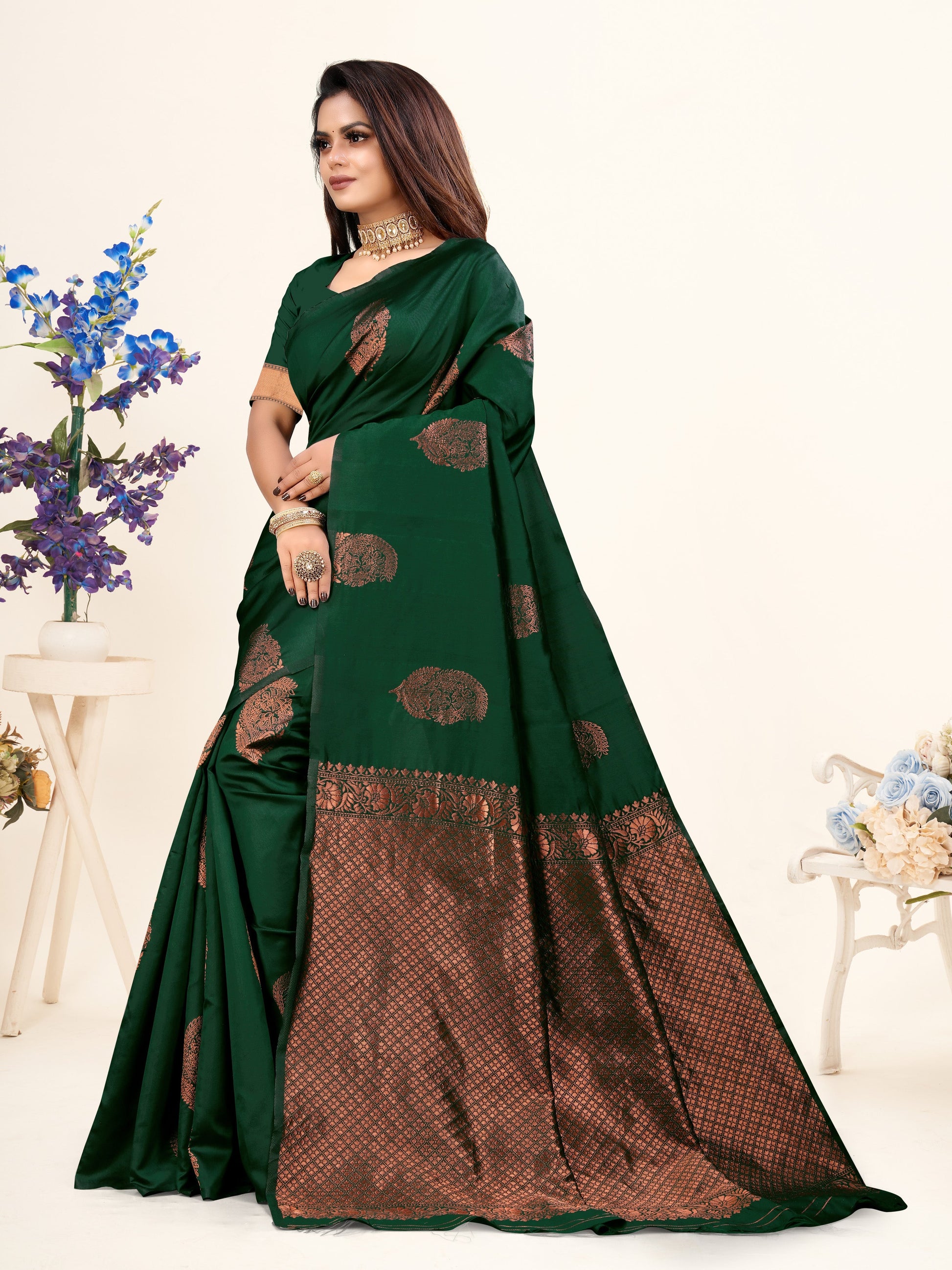 Vedant Vastram Litchi Silk Designer Banarasi Saree - Bottle Green | Swadesiicart