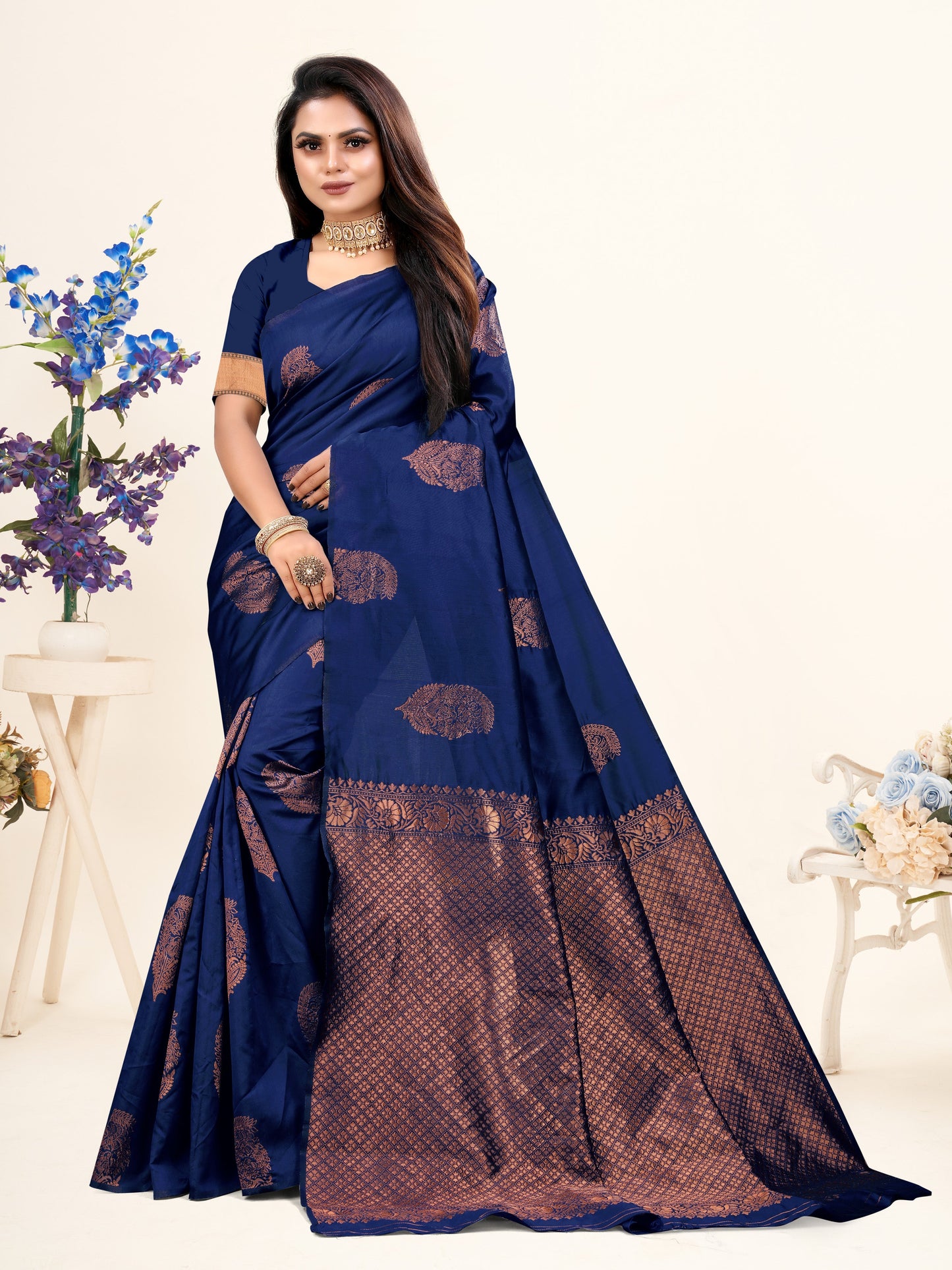 Vedant Vastram Litchi Silk Designer Banarasi Saree - Navy | Swadesiicart