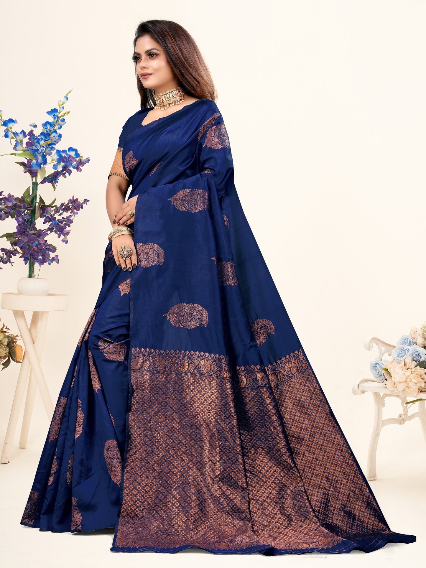 Vedant Vastram Litchi Silk Designer Banarasi Saree - Navy | Swadesiicart