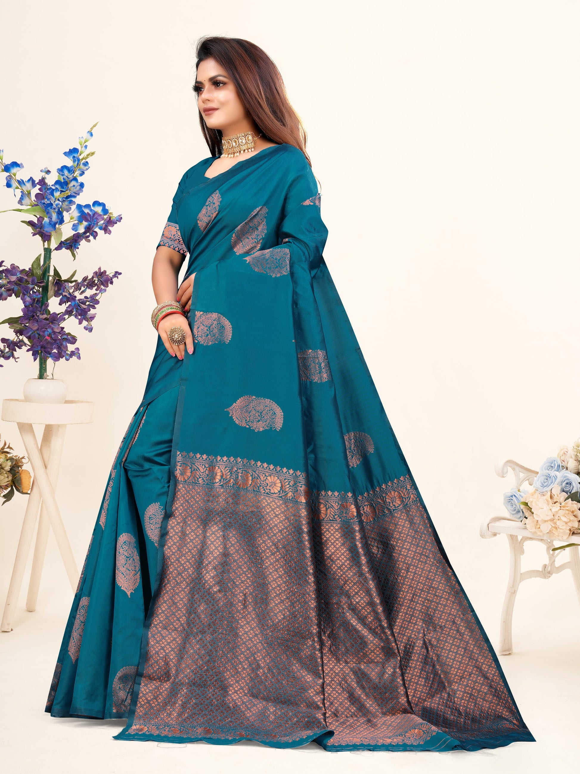 Vedant Vastram Litchi Silk Designer Banarasi Saree - Rama | Swadesiicart