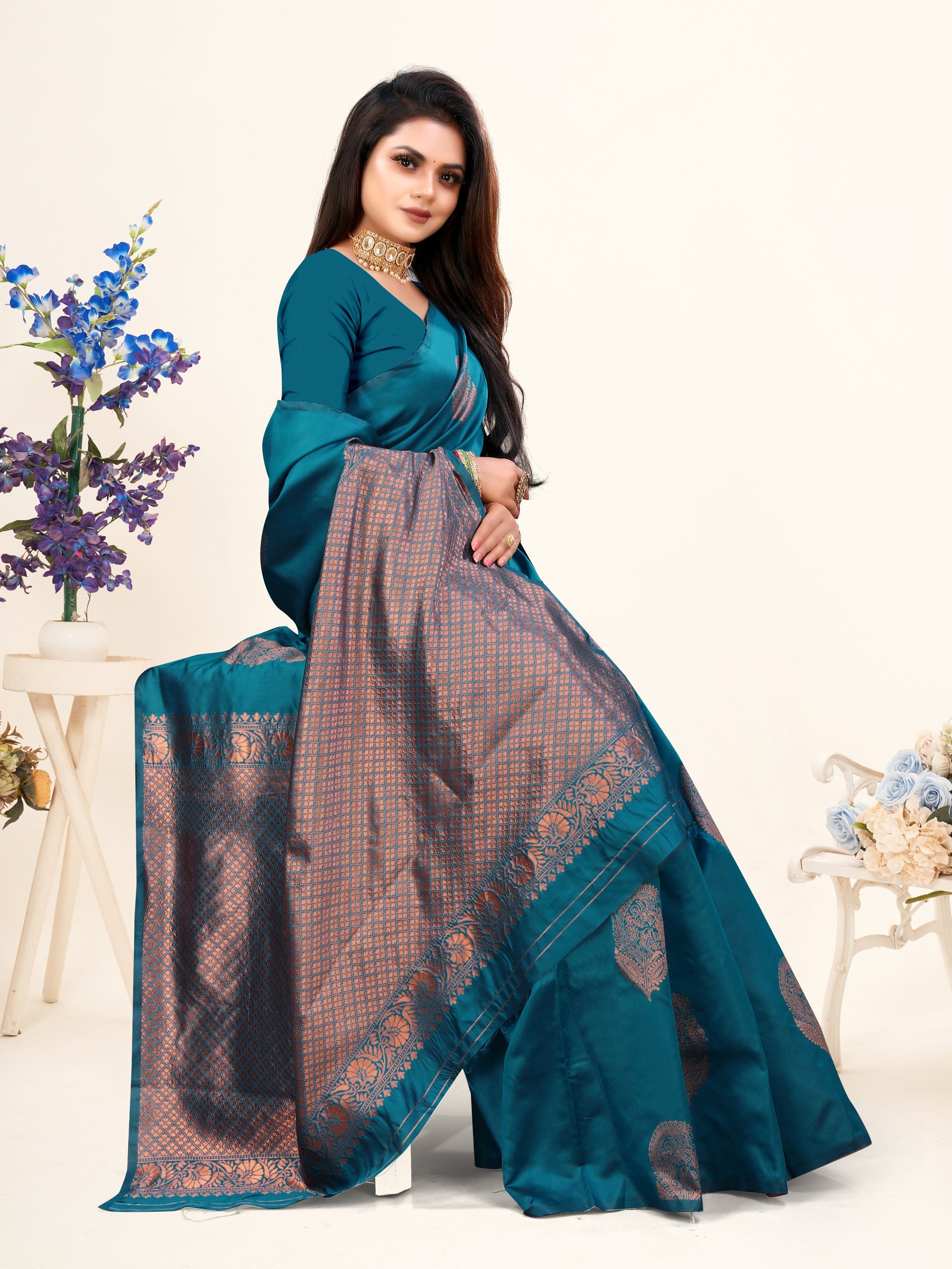 Vedant Vastram Litchi Silk Designer Banarasi Saree - Rama | Swadesiicart