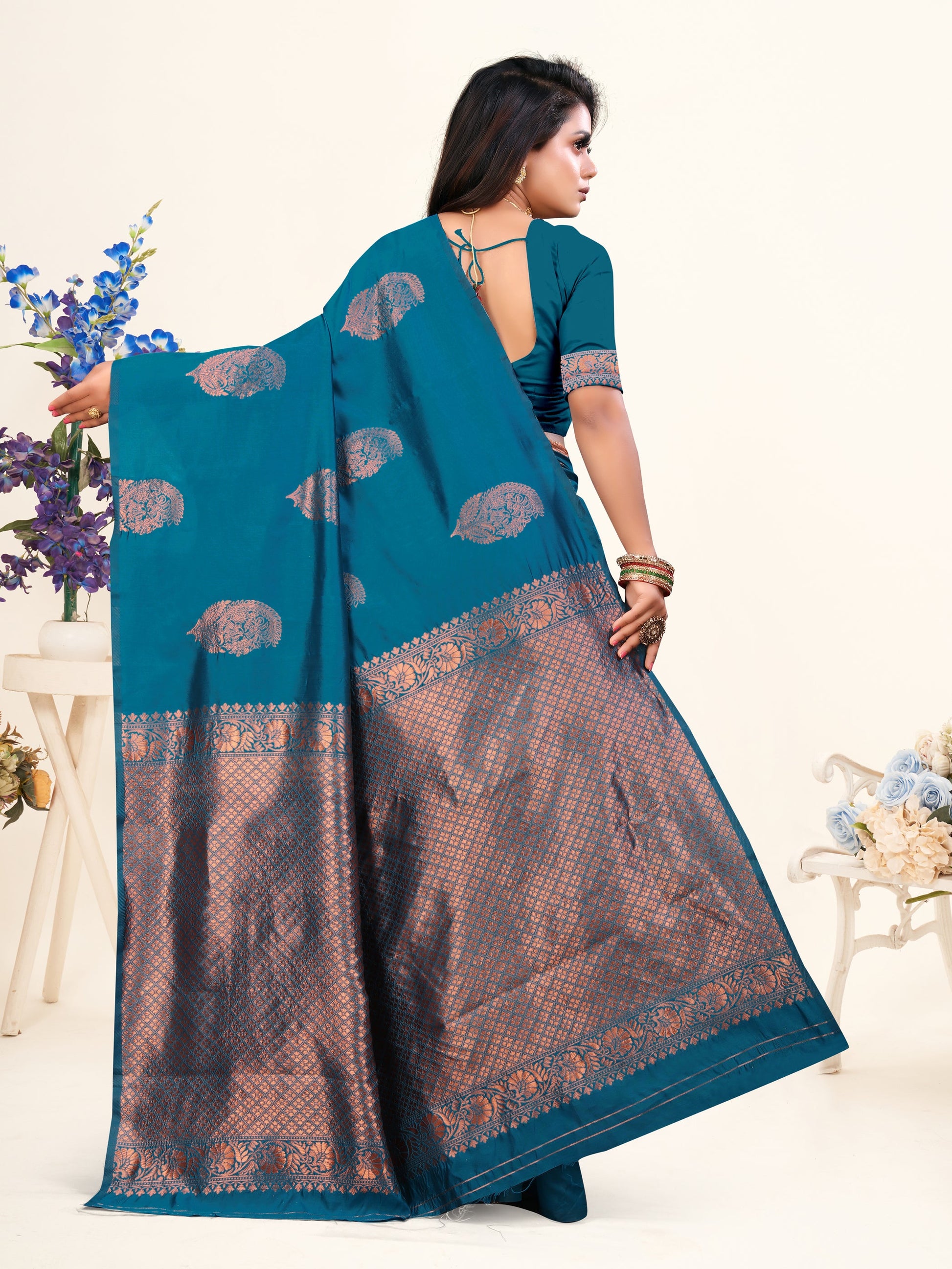 Vedant Vastram Litchi Silk Designer Banarasi Saree - Rama | Swadesiicart