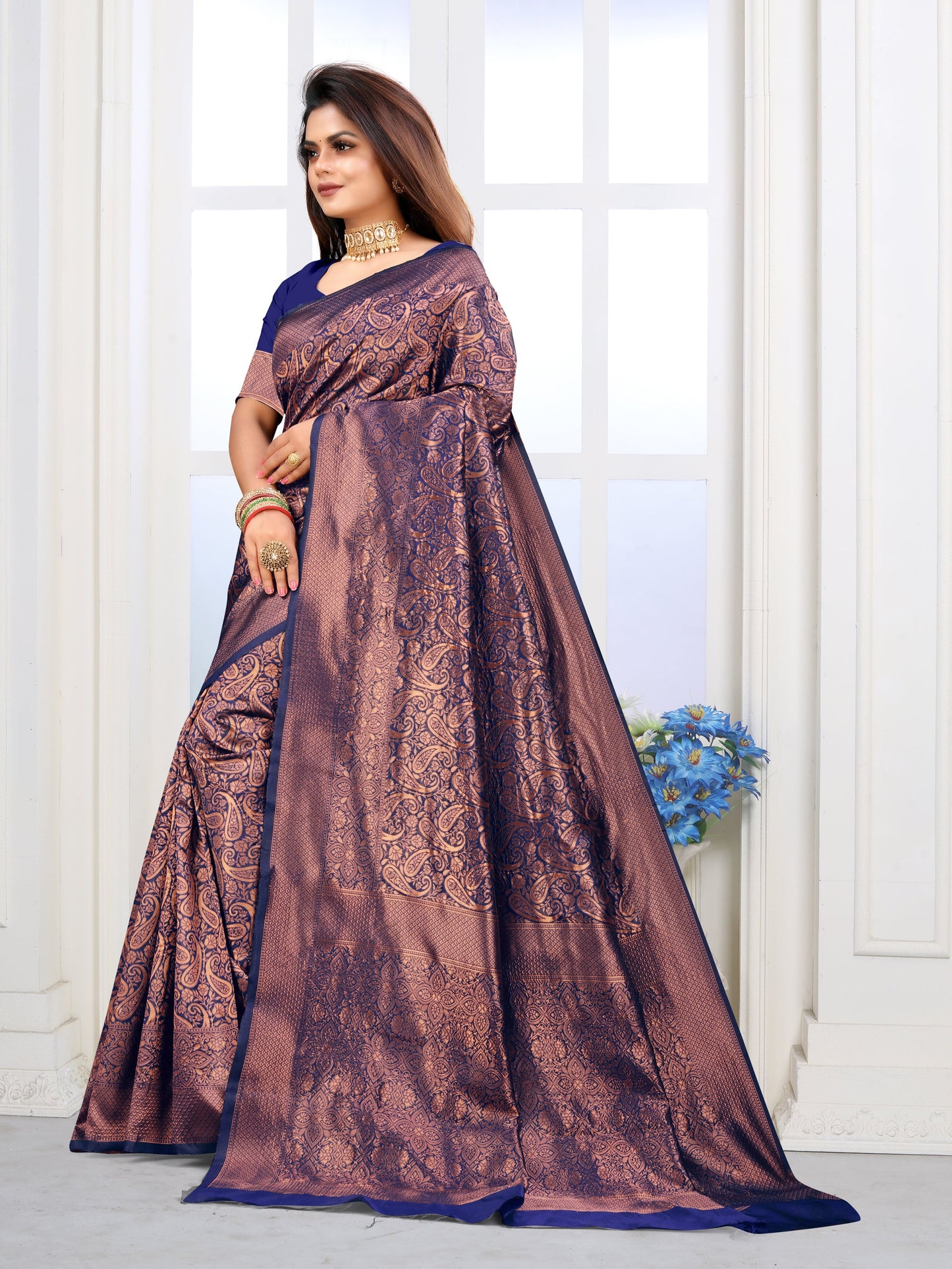 Vedant Vastram Litchi Silk Designer Banarasi Saree - Navy | Swadesiicart