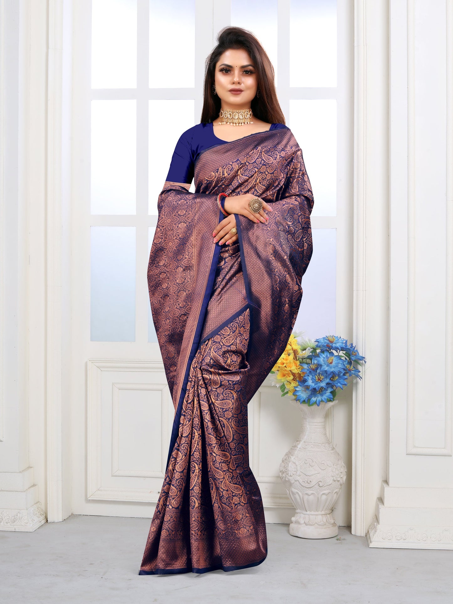 Vedant Vastram Litchi Silk Designer Banarasi Saree - Navy | Swadesiicart