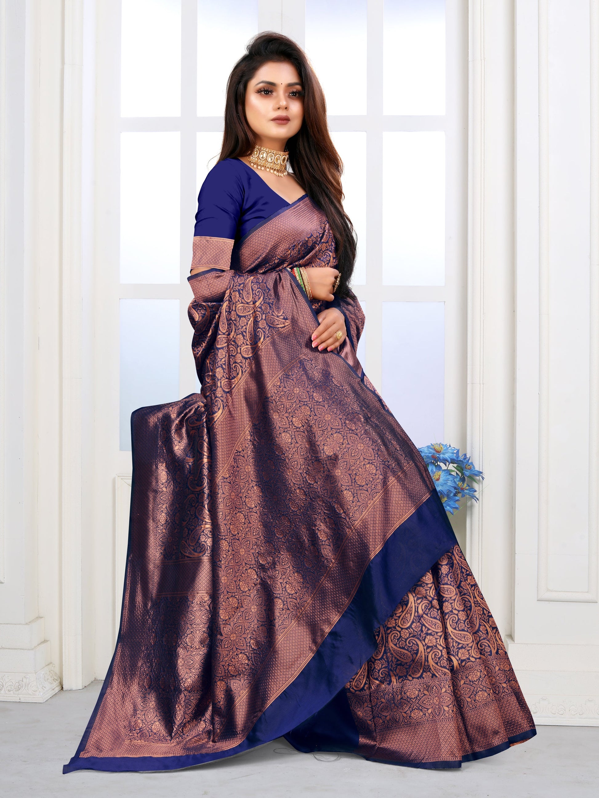 Vedant Vastram Litchi Silk Designer Banarasi Saree - Navy | Swadesiicart