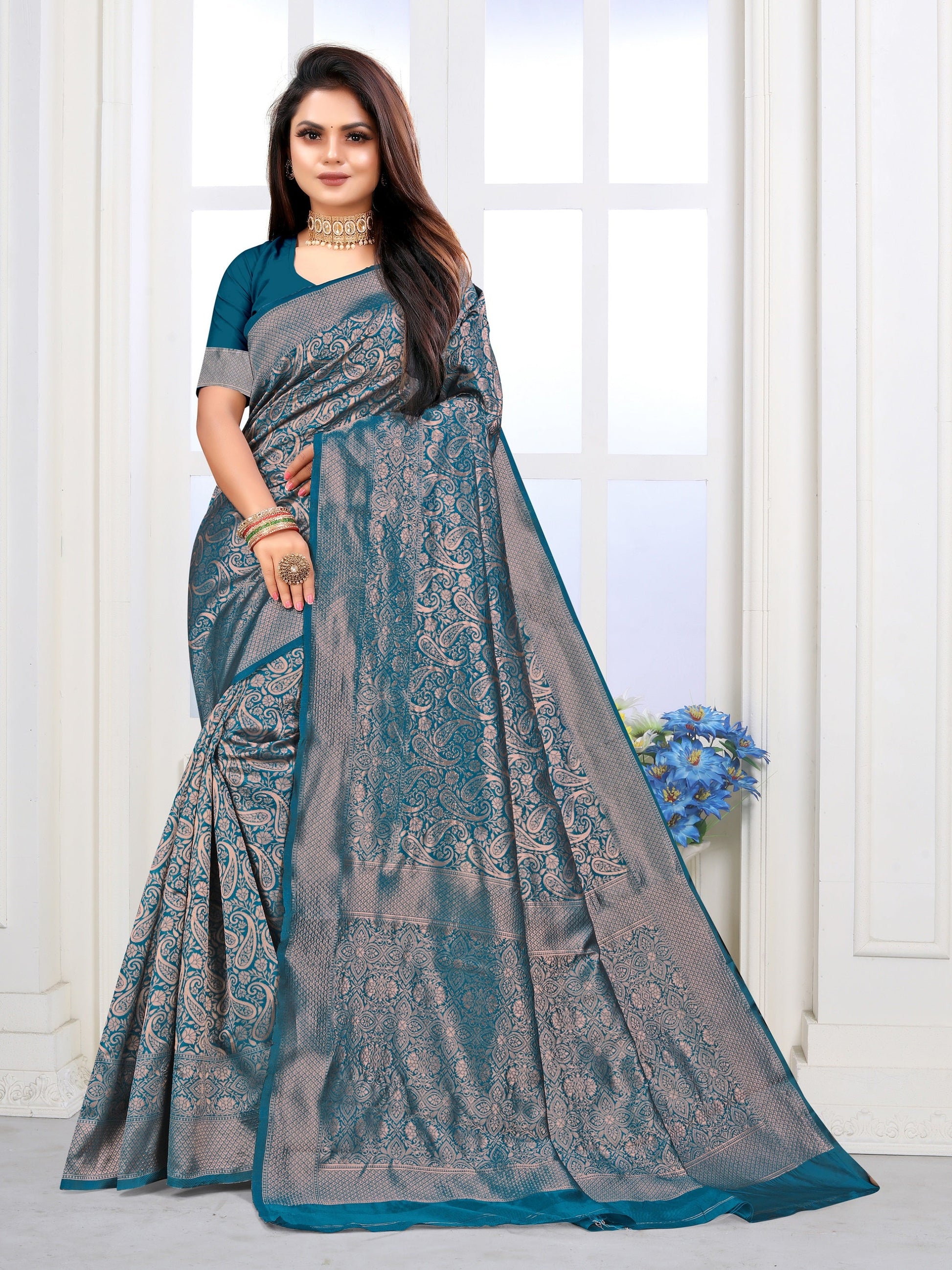 Vedant Vastram Litchi Silk Designer Banarasi Saree - Rama | Swadesiicart