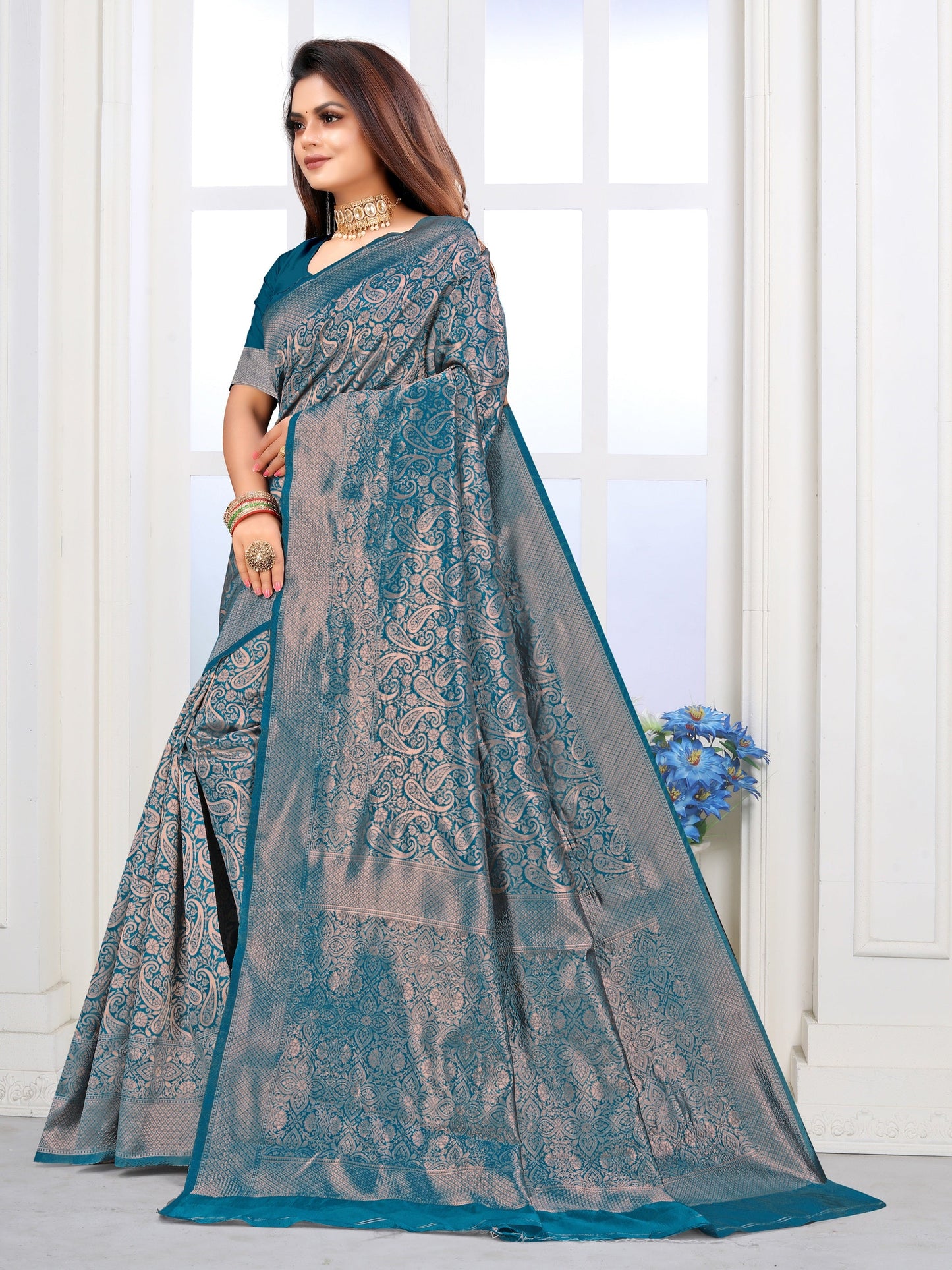 Vedant Vastram Litchi Silk Designer Banarasi Saree - Rama | Swadesiicart