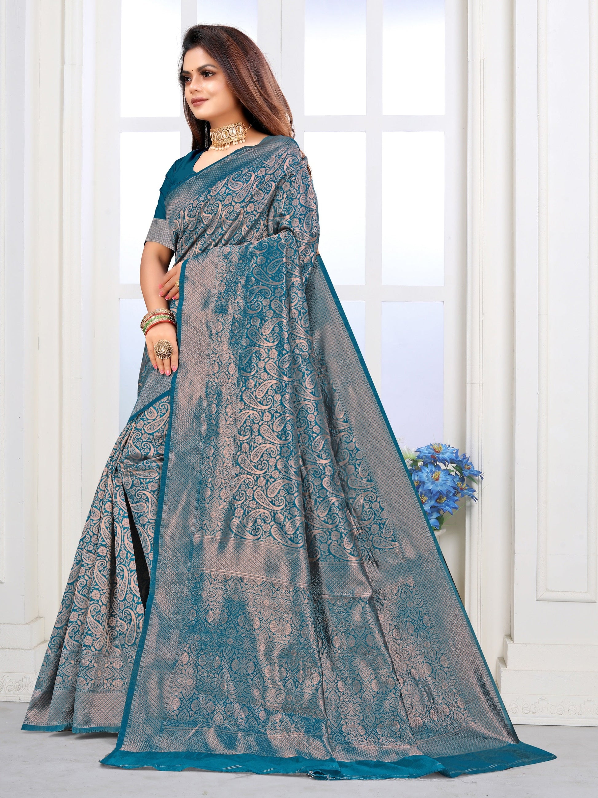 Vedant Vastram Litchi Silk Designer Banarasi Saree - Rama | Swadesiicart