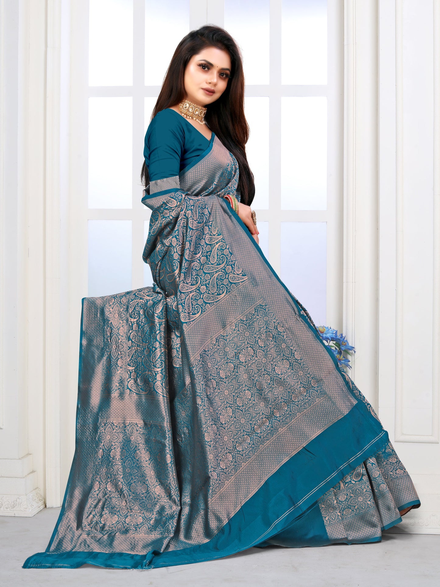 Vedant Vastram Litchi Silk Designer Banarasi Saree - Rama | Swadesiicart