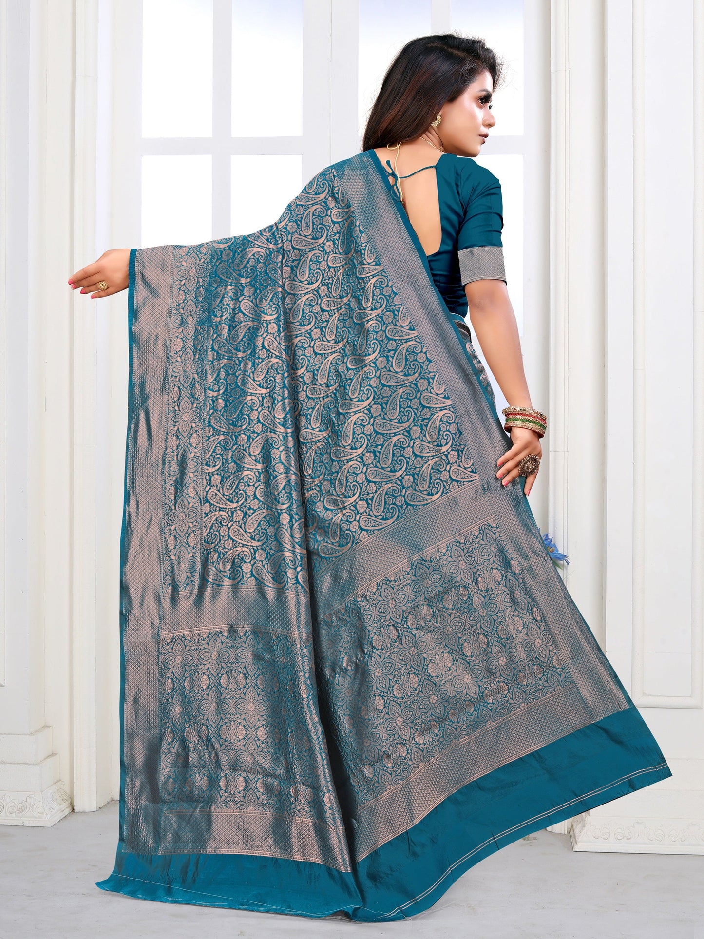 Vedant Vastram Litchi Silk Designer Banarasi Saree - Rama | Swadesiicart
