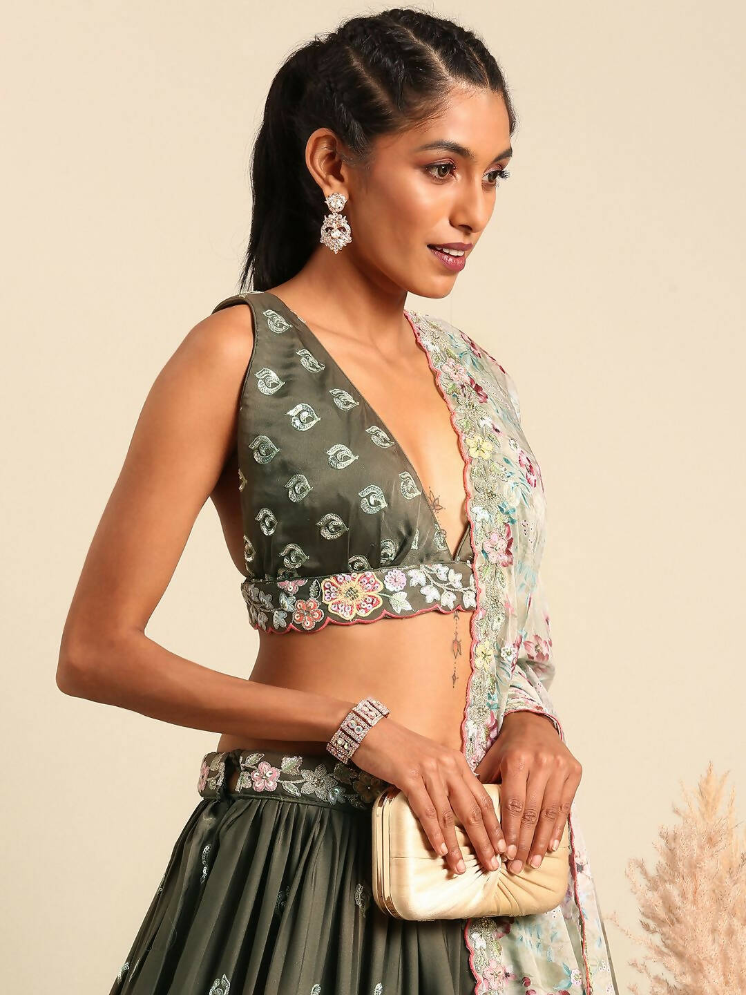House of Panchhi Olive Chinon Sequins embroidery Lehenga choli & Dupatta | Swadesiicart
