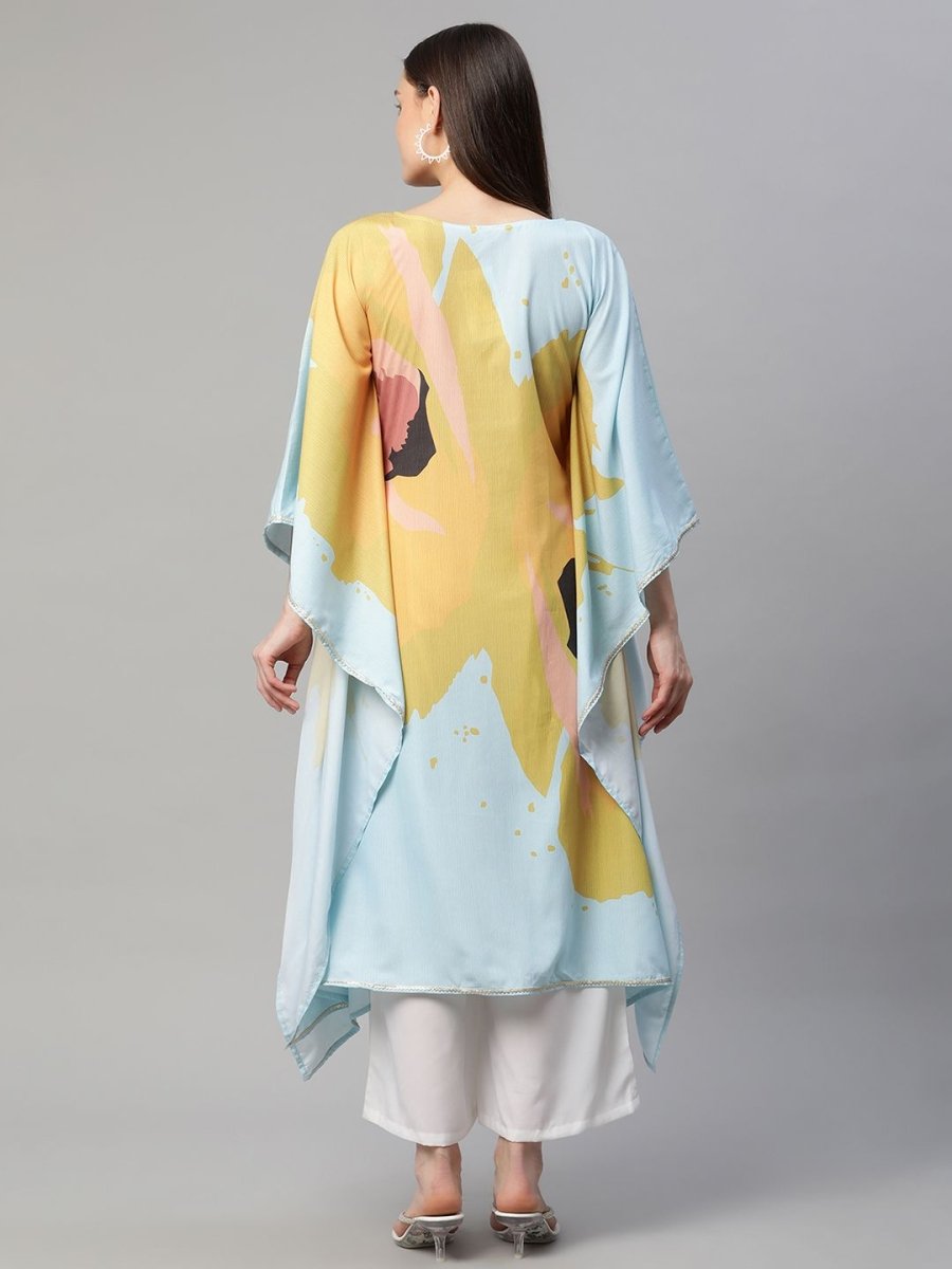 Ahalyaa Women Yellow Crepe Digital Printed Kaftan Kurta with Palazzos | Swadesiicart