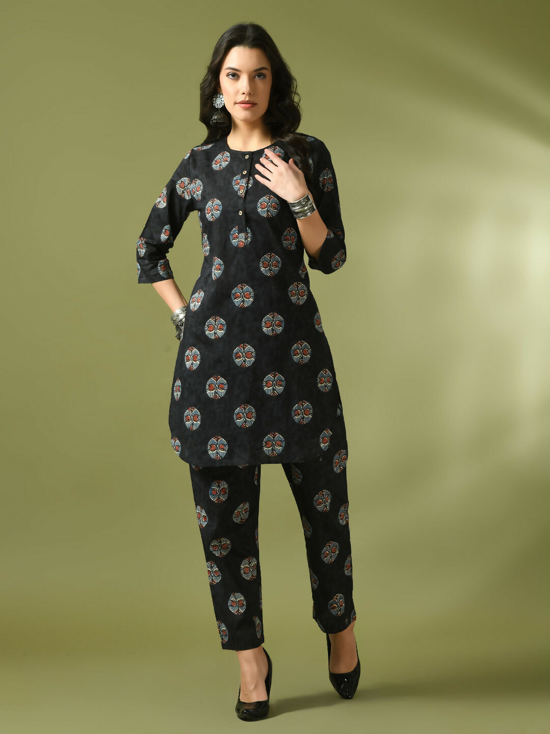 Myshka Women's Black Printed Cotton Round Neck Party Tunic With Trousers Co-ord set - Swadesiicart