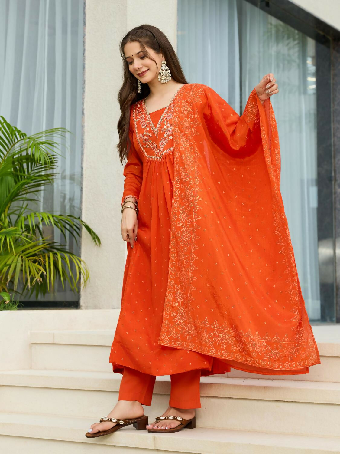 The52 Orange Women's Gorgeous Embroidered Chinon Fabric Flared Kurta Pant and Dupatta Set - Swadesiicart