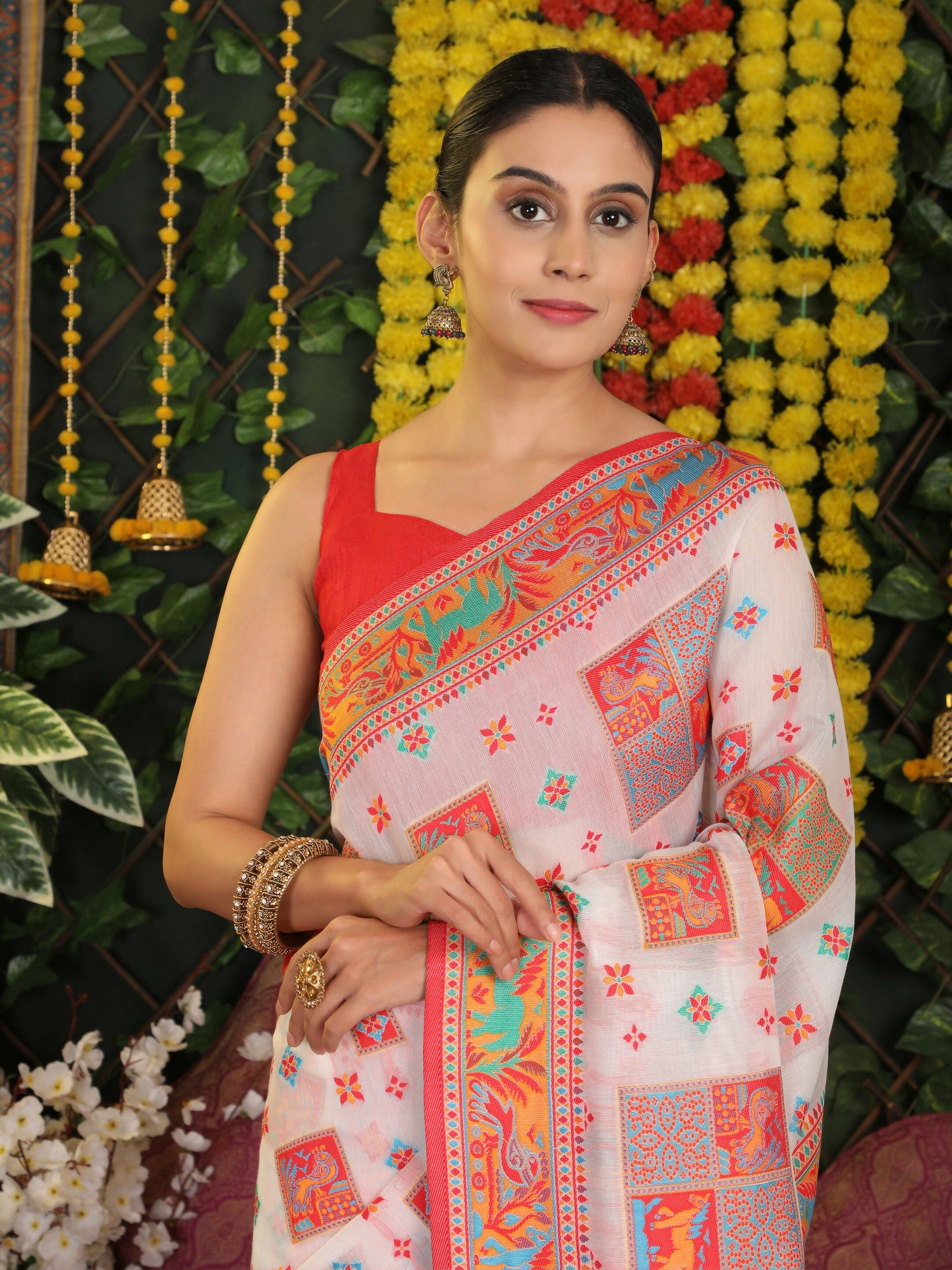 Shree Shyam Fashion Linen Cotton White Saree